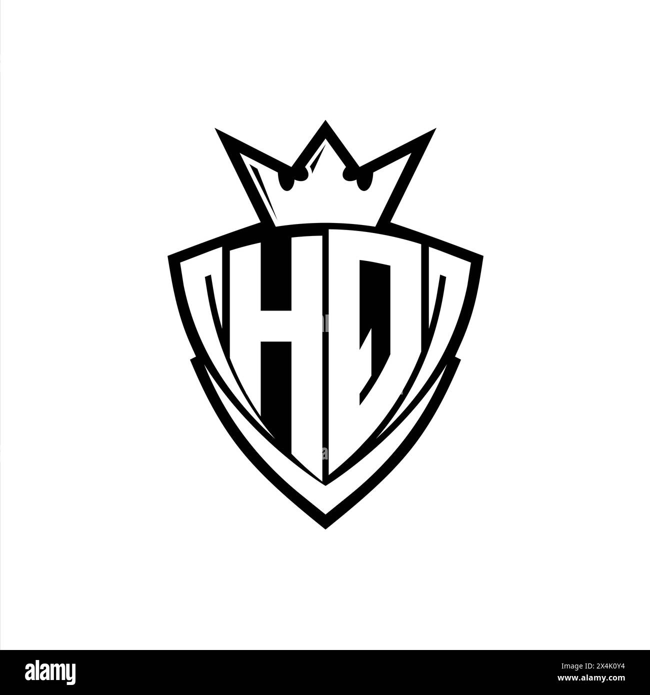 HQ logo de lettre en gras avec forme de bouclier de triangle pointu avec couronne à l'intérieur du contour blanc sur fond blanc conception de modèle Banque D'Images
