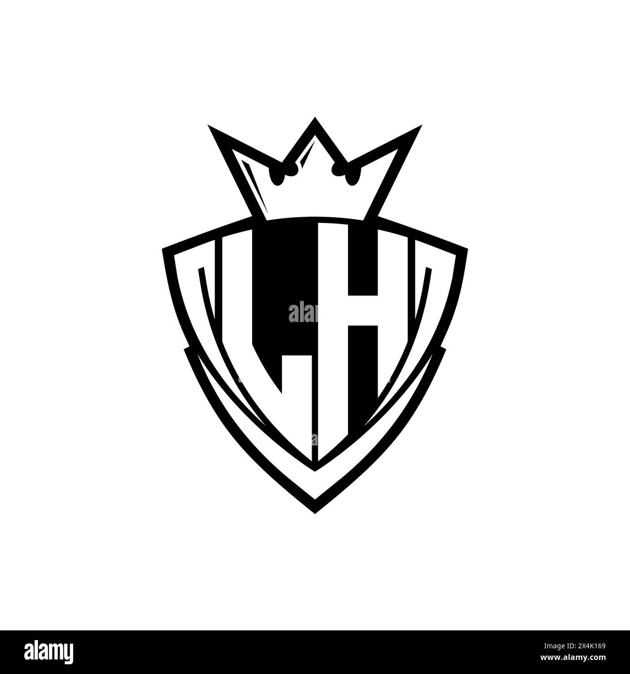 LH logo en lettres gras avec forme de bouclier de triangle pointu avec couronne à l'intérieur d'un contour blanc sur fond blanc conception de modèle Banque D'Images