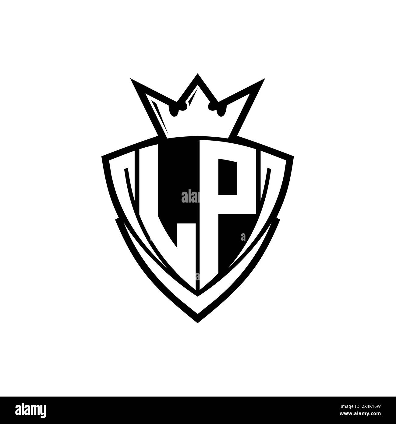 LP logo de lettre gras avec forme de bouclier de triangle pointu avec couronne à l'intérieur du contour blanc sur fond blanc conception de modèle Banque D'Images