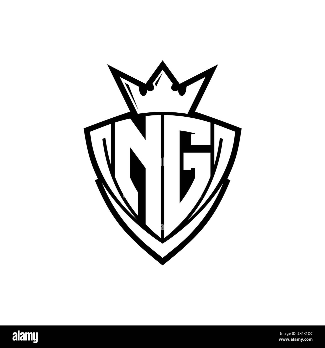 NG logo de lettre gras avec forme de bouclier de triangle pointu avec couronne à l'intérieur du contour blanc sur fond blanc conception de modèle Banque D'Images