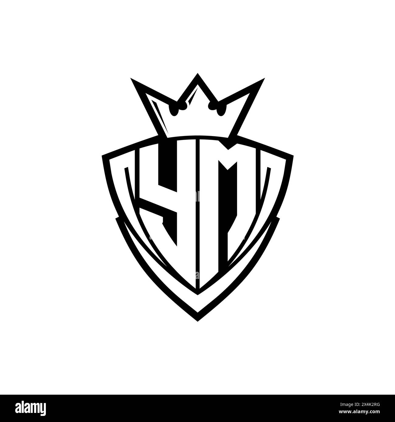 YM logo de lettre en gras avec forme de bouclier de triangle pointu avec couronne à l'intérieur du contour blanc sur la conception de modèle de fond blanc Banque D'Images