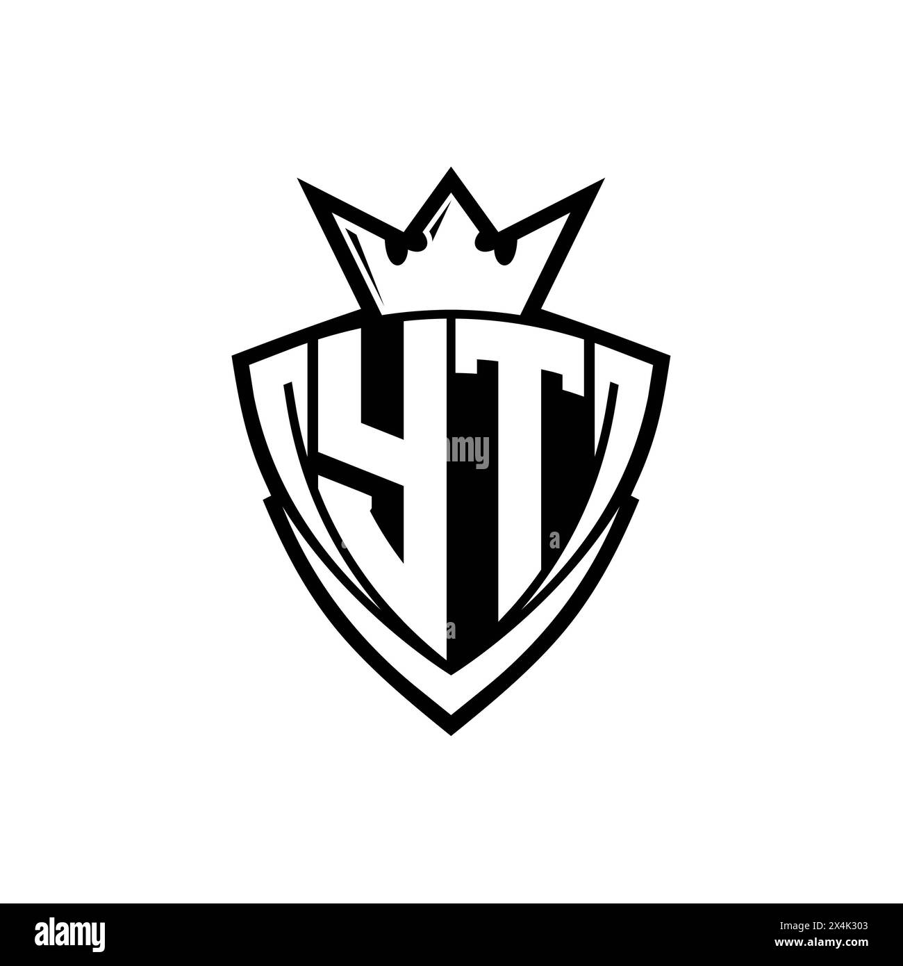 YT logo de lettre gras avec forme de bouclier de triangle pointu avec couronne à l'intérieur du contour blanc sur la conception de modèle de fond blanc Banque D'Images