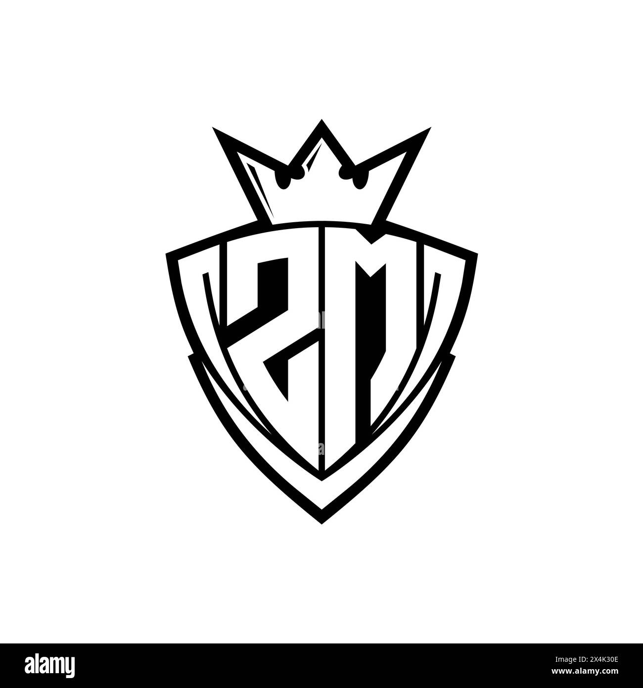 ZM logo de lettre gras avec forme de bouclier de triangle pointu avec couronne à l'intérieur d'un contour blanc sur fond blanc conception de modèle Banque D'Images