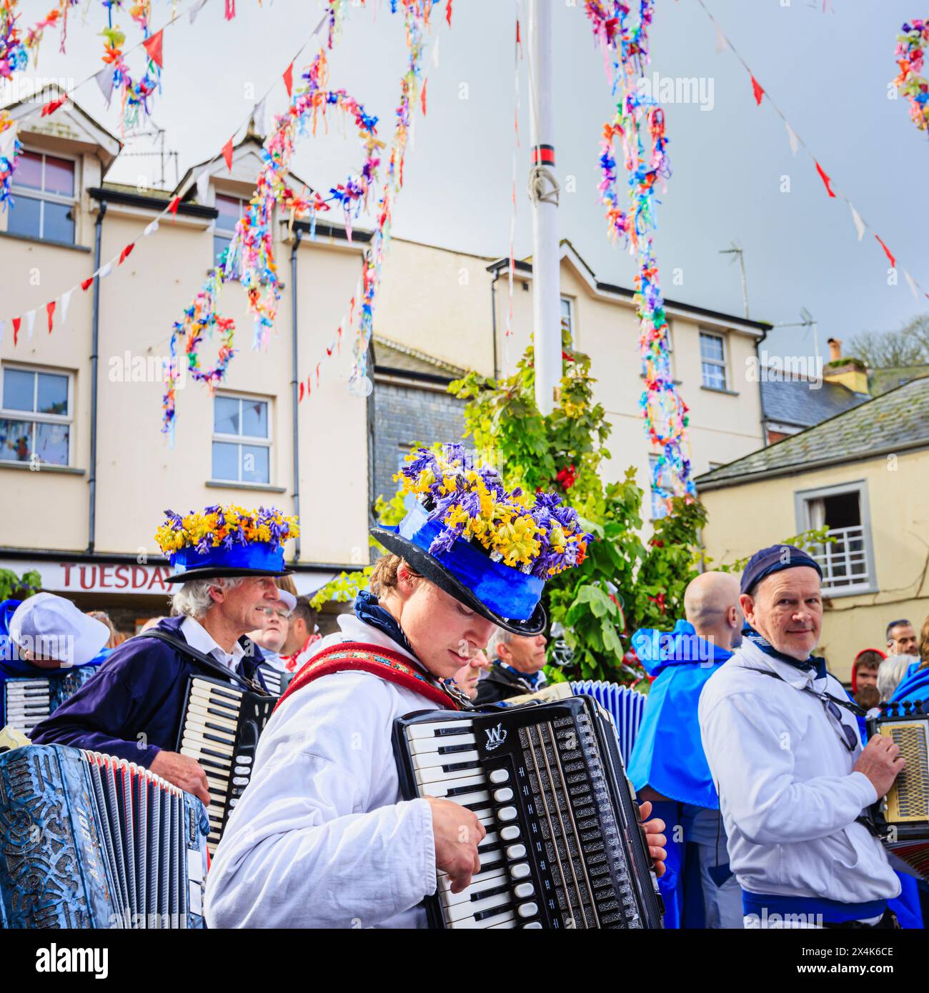 Un joueur d'accordéon Blue Ribbon porte un chapeau avec des cloches bleues et des cowslips pour le festival 'Obby 'Oss', un événement folklorique annuel le jour de mai à Padstow, Cornouailles Banque D'Images