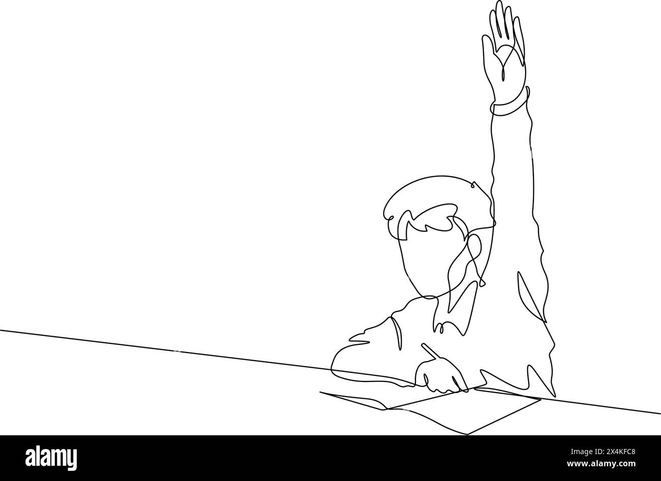 dessin de ligne continue de garçon levant la main pour demander à l'enseignant dans l'illustration vectorielle de classe Illustration de Vecteur