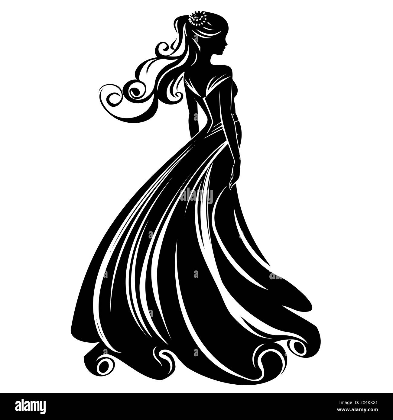 un dessin noir et blanc d'une femme dans une robe longue Illustration de Vecteur