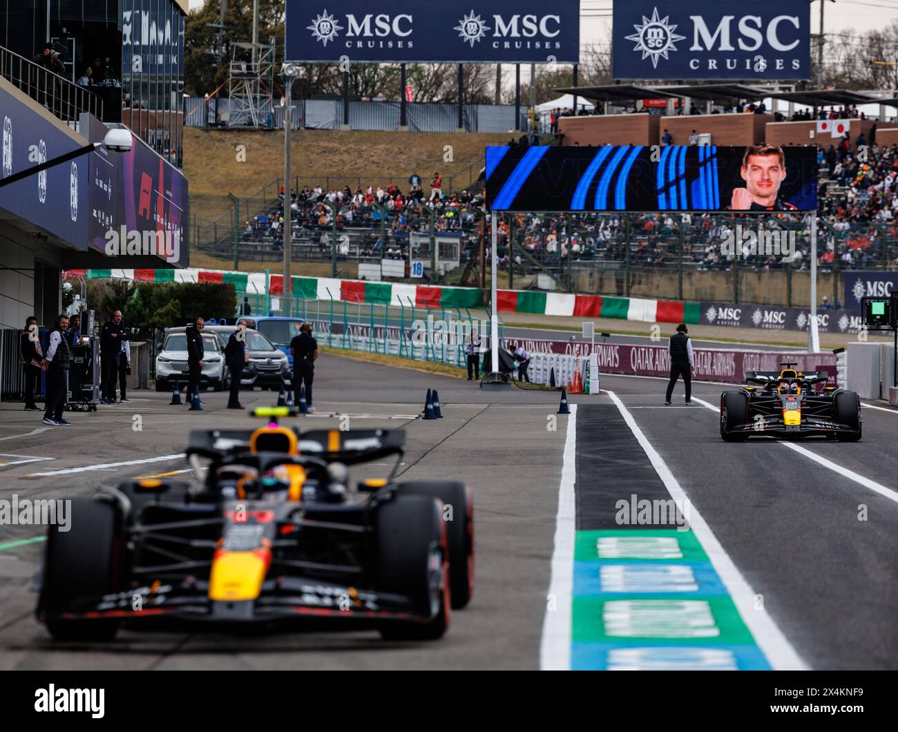 Circuit de Suzuka, 6 avril 2024 : Max Verstappen (NED) se classe 1er, Sergio Perez (MEX) 2e des qualifications lors du Grand Prix de formule 1 du Japon 2024. Banque D'Images