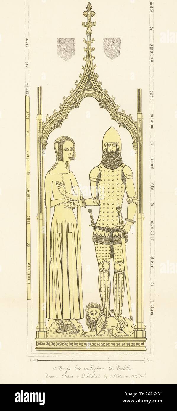Sir Miles Stapleton, c. 1320-1365, et sa seconde épouse Joan de Ingham. Chevalier en armure, hauberk, surmanteau avec deux épées. Dame en voile, coiffe réticulée, robe à manches longues drapées. Cuivres commémoratifs à Holy Trinity Church, Ingham, Norfolk. Gravure sur cuivre teintée dessinée, gravée et publiée par John Sell Cotman dans gravures of the Most remarquable of the Sepulchral Brasses in Suffolk, Henry Bohn, Londres, 1818. Banque D'Images