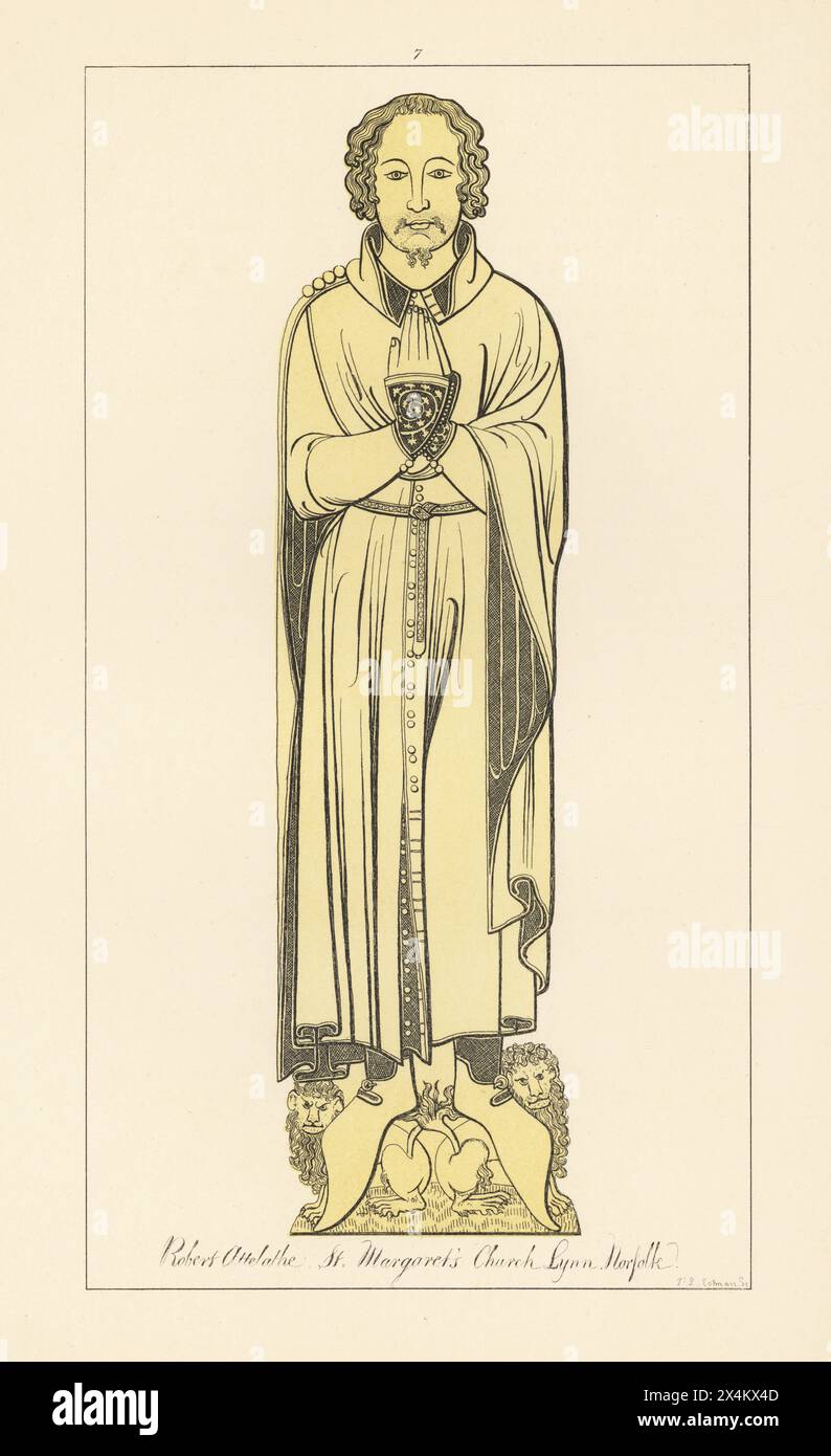 Robert Attelath, membre de la riche corporation de Lynn, est décédé en 1376. En manteau long avec boutons mayoriaux sur l'épaule, ceinture brodée. Margaret's Church, Lynn, Norfolk. Gravure sur cuivre teintée dessinée, gravée et publiée par John Sell Cotman dans gravures of the Most remarquable of the Sepulchral Brasses in Suffolk, Henry Bohn, Londres, 1818. Banque D'Images