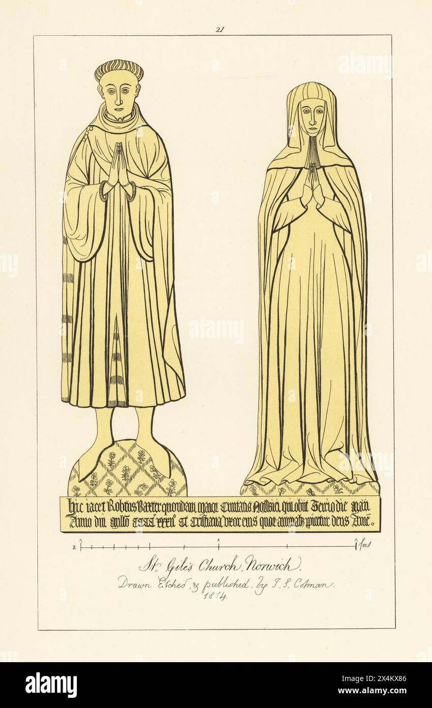 Robert Baxter, shérif et plus tard maire de Norwich, meurt en 1432, et son épouse Christiana Baxter. Homme en robe de maire doublée de fourrure, sa femme en voile de veuve et barbe. - Giles Church, Norwich. Gravure sur cuivre teintée dessinée, gravée et publiée par John Sell Cotman dans gravures of the Most remarquable of the Sepulchral Brasses in Suffolk, Henry Bohn, Londres, 1818. Banque D'Images