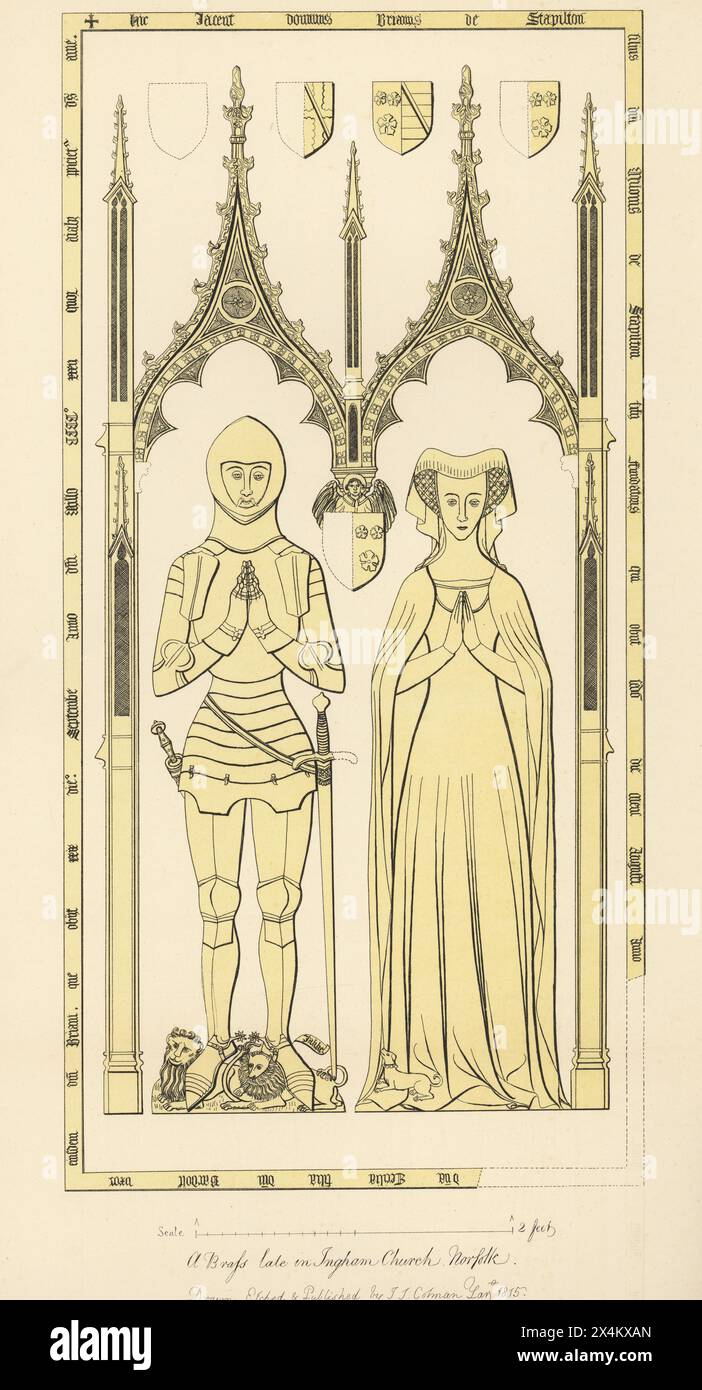 Sir Bryan de Stapleton, 1378-1438, et son épouse Cecilia sont décédées en 1436. Chevalier en armure pleine plaque, rabats en acier sur cuirasse, épée et poignard, Lady Cecilia ou Cecily Bardolf en coiffe d'onglet précoce. Sous des arches ornées avec des armoiries. Cuivres commémoratifs à l'église Holy Trinity, Ingham, Norfolk. Gravure sur cuivre teintée dessinée, gravée et publiée par John Sell Cotman dans gravures of the Most remarquable of the Sepulchral Brasses in Suffolk, Henry Bohn, Londres, 1818. Banque D'Images