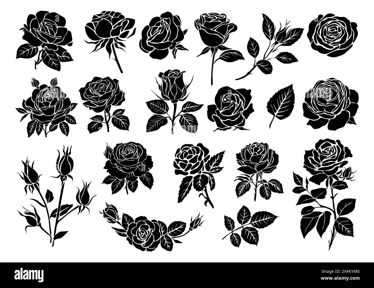 Ensemble de silhouettes noires de rose fraîche décorative Illustration de Vecteur