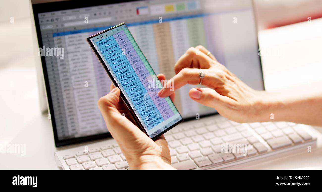Analyste de données de feuille de calcul utilisant un logiciel informatique sur téléphone Banque D'Images