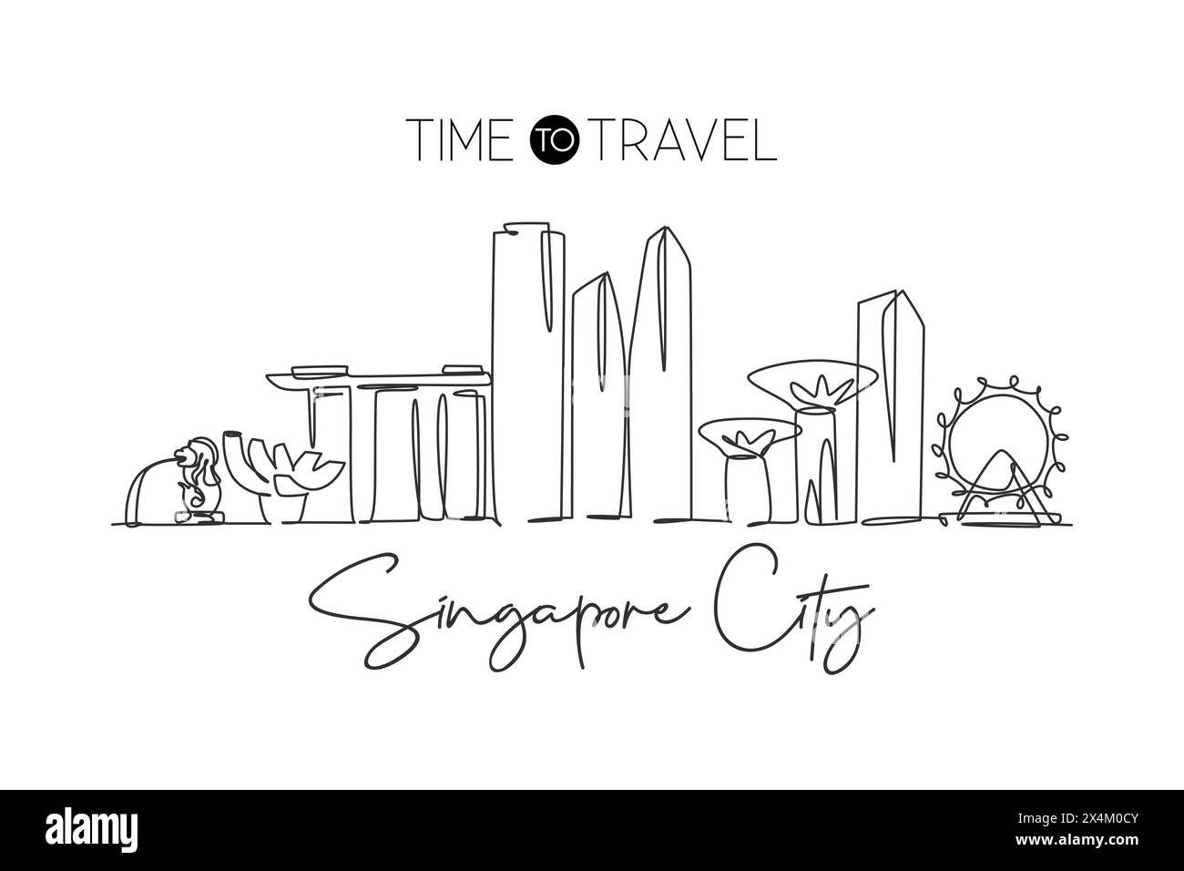 Un dessin au trait continu de la ville de Singapour. Magnifique point de repère. Tourisme de paysage mondial et impression d'affiche de vacances de voyage. Style modifiable Illustration de Vecteur