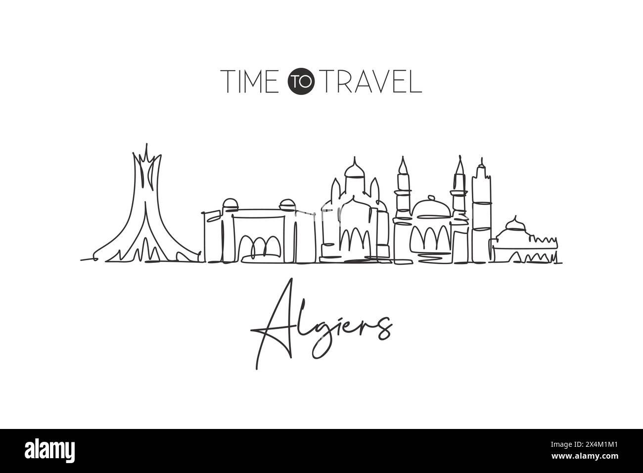 Dessin au trait continu unique de l'horizon de la ville d'Alger, Algérie. Célèbre ville grattoir paysage maison mur décor poster imprimé Concept de voyage mondial. Illustration de Vecteur