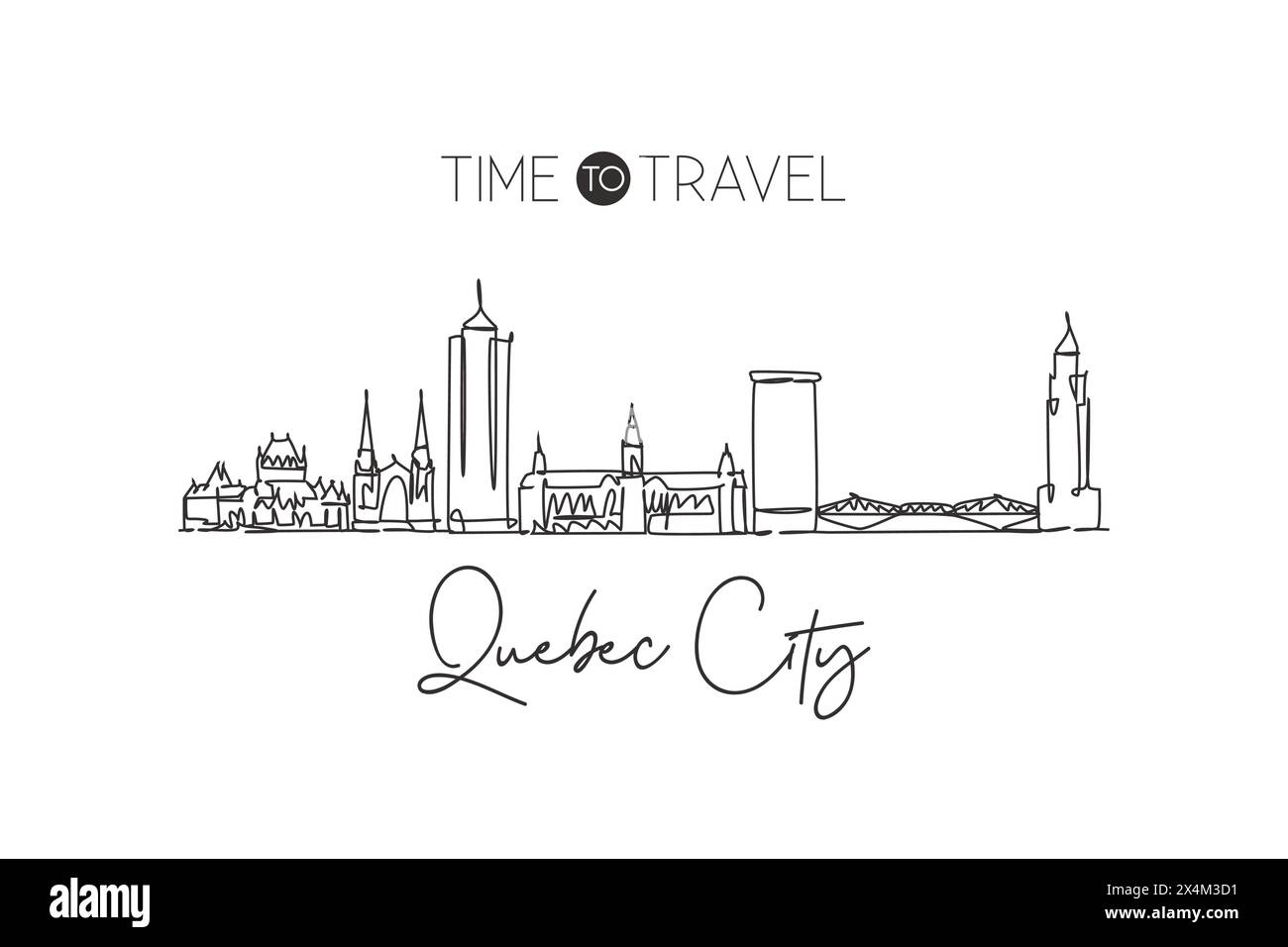 Un dessin à la ligne de l'horizon de la ville de Québec, Canada. Paysage de ville historique du monde. Destination d'impression d'affiche de décoration murale Best place pour les fêtes. Tendance Illustration de Vecteur