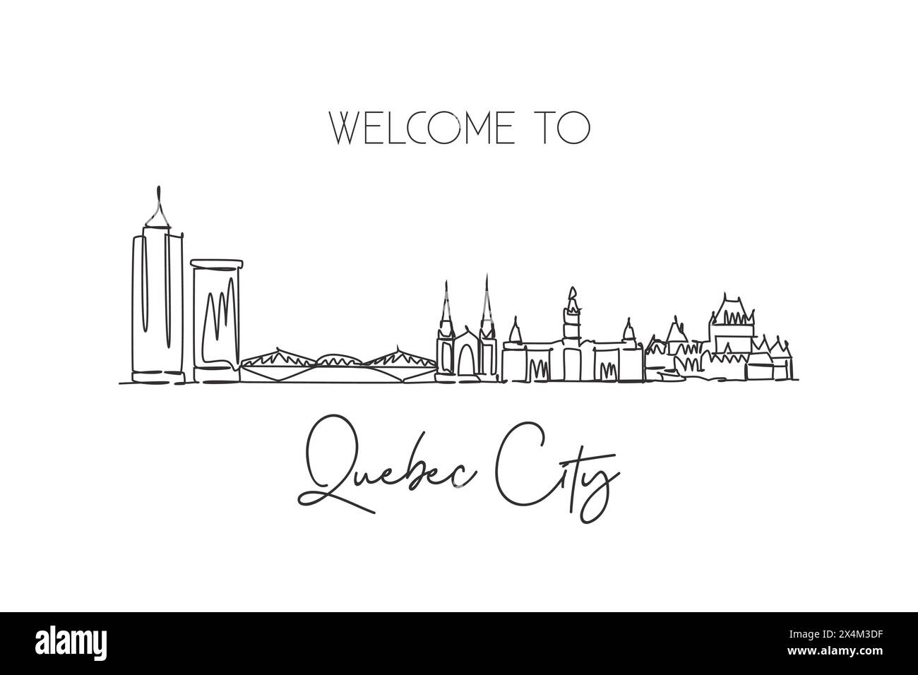 Une seule ligne continue dessinant l'horizon du Québec, Canada. Célèbre paysage de grattoir de ville. Concept d'impression de carte postale de destination de voyage du monde. Contour modifiable Illustration de Vecteur