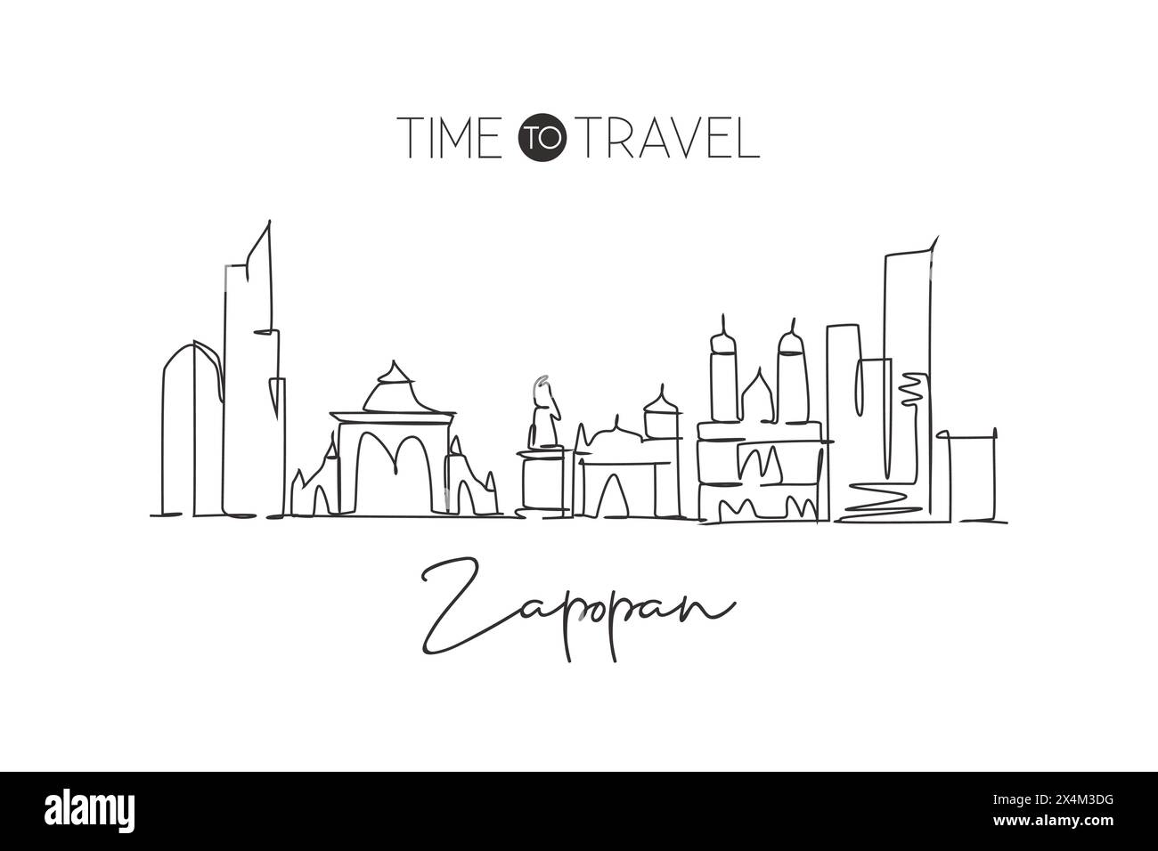 Une seule ligne dessinant l'horizon de la ville de Zapopan au Mexique. Paysage de ville historique du monde. BEST place vacances destination maison décor affiche imprimé TREN Illustration de Vecteur