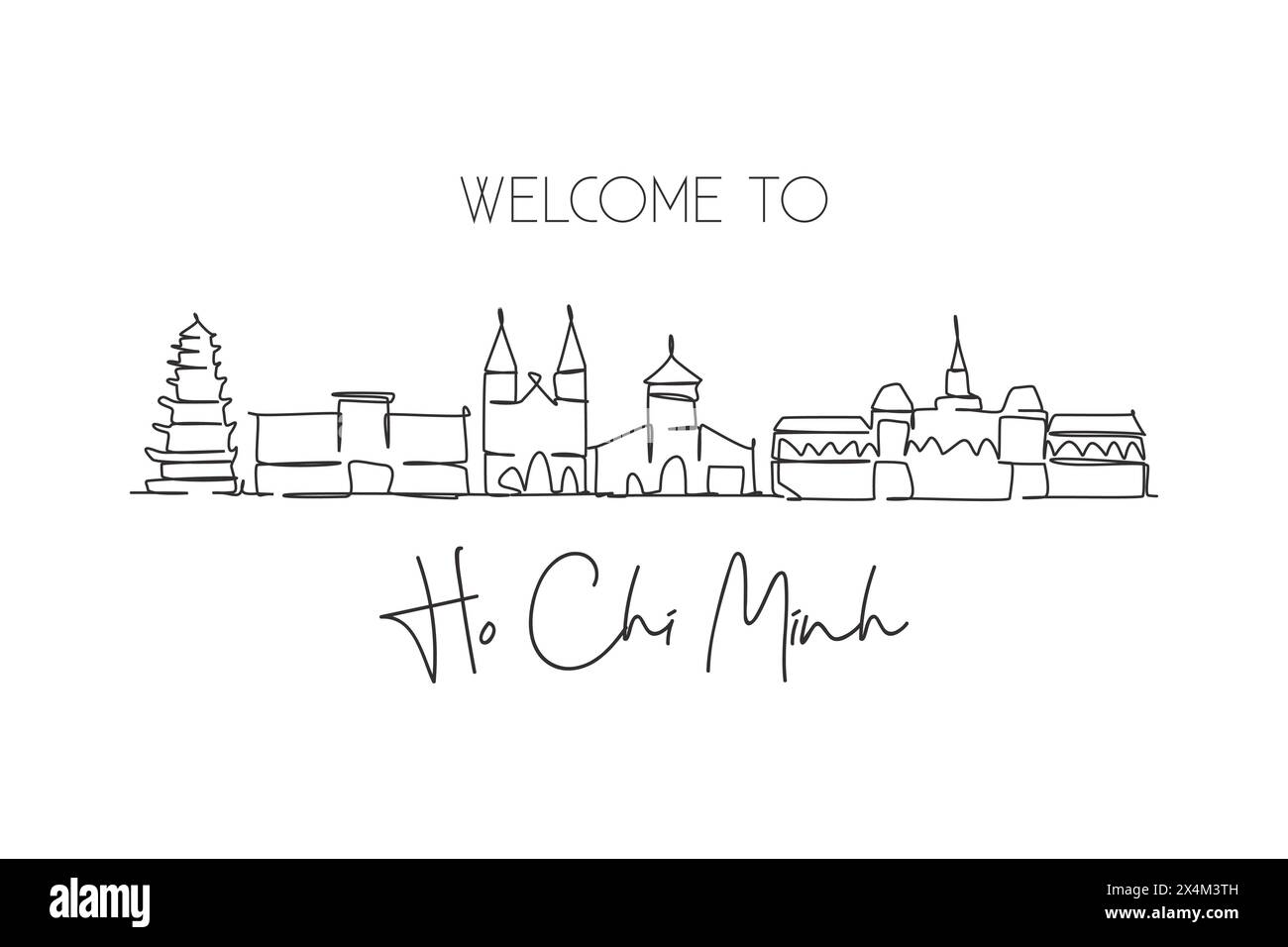 Dessin d'une ligne continue simple Ho Chi Minh skyline, Vietnam. Célèbre paysage de grattoir de ville. Carte postale de concept de destination de voyage du monde. Contour modifiable Illustration de Vecteur