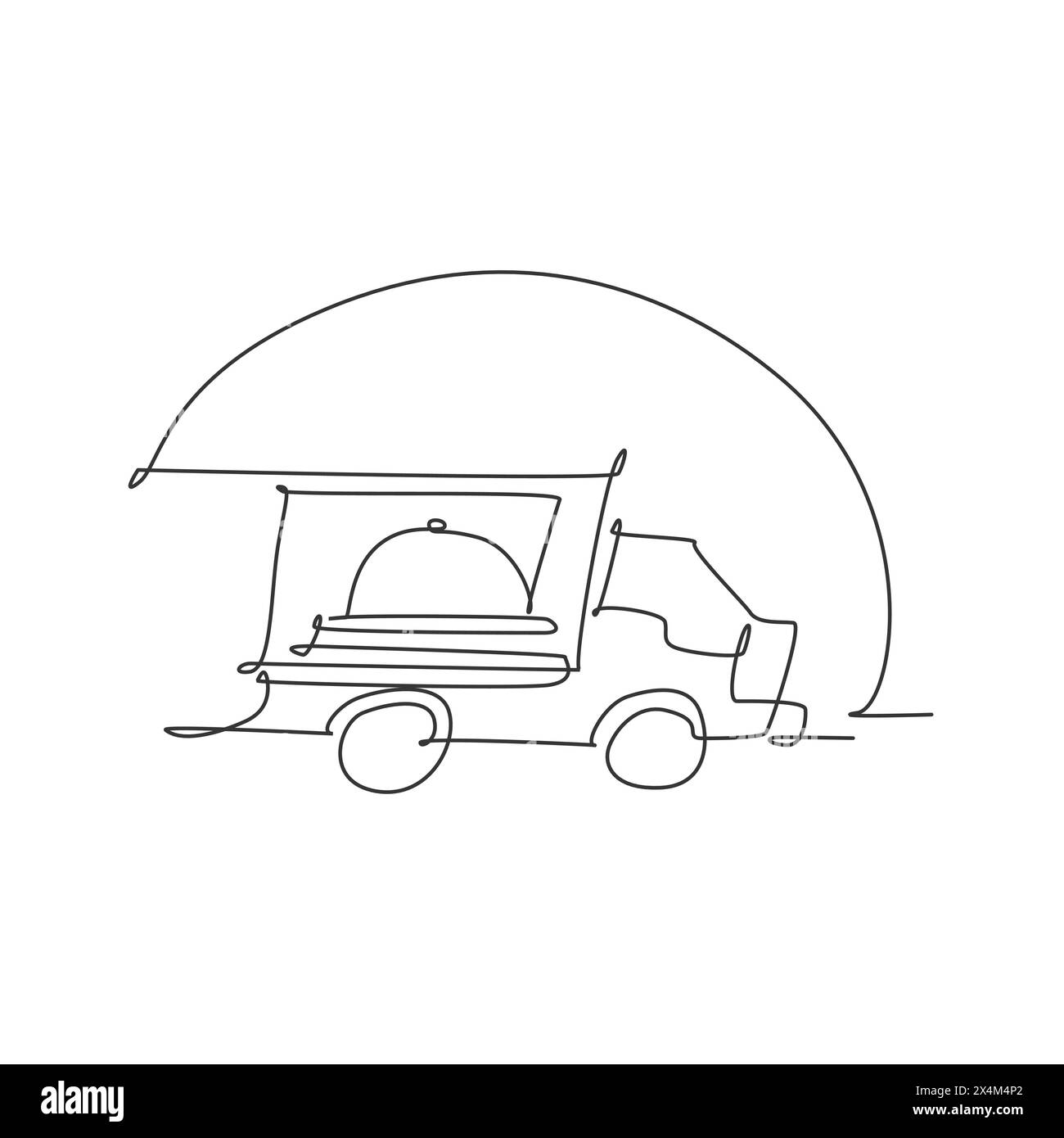 Dessin en ligne continue simple d'un wagon de caisse de camion stylisé avec cloche de couvercle de plateau pour étiquette de logo de service de livraison de nourriture. Concept de livraison de nourriture au restaurant Illustration de Vecteur