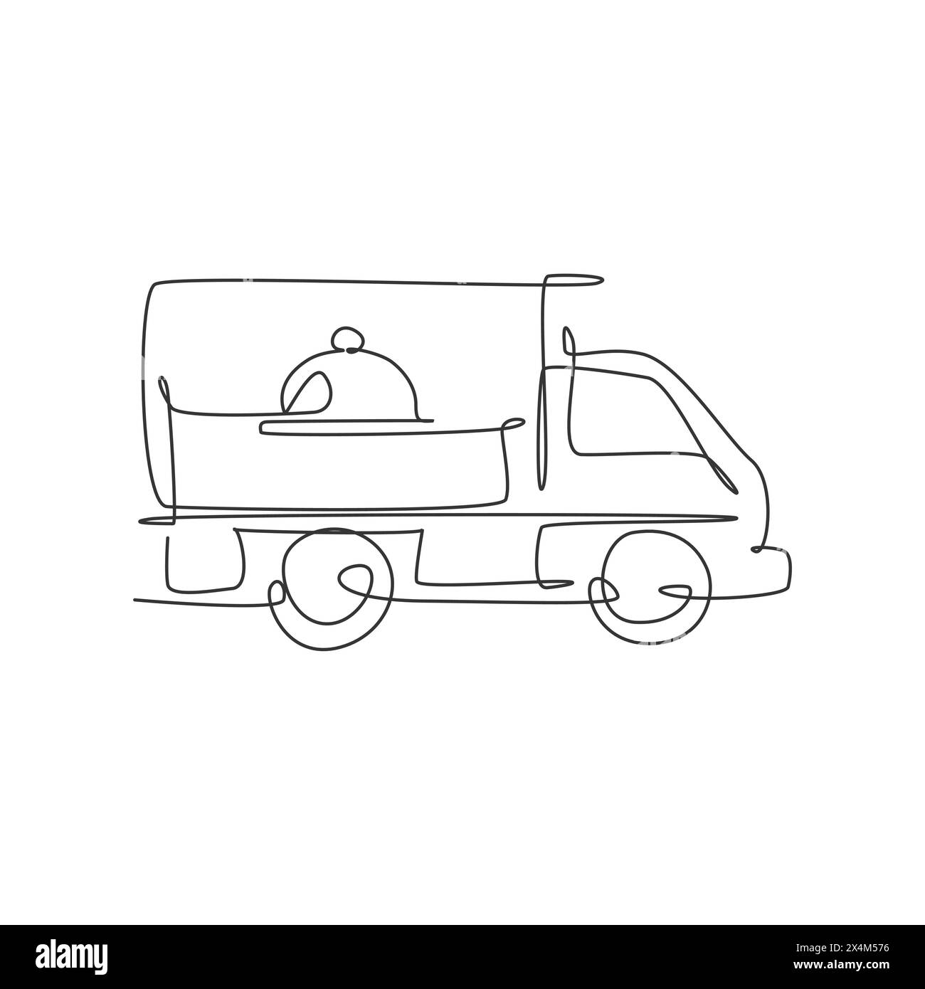 Un dessin en ligne continue de wagon-caisse avec cloche de couvercle de plateau pour l'emblème du logo du service de livraison de nourriture. Concept de modèle de logotype de magasin de café de restauration rapide. Mo Illustration de Vecteur