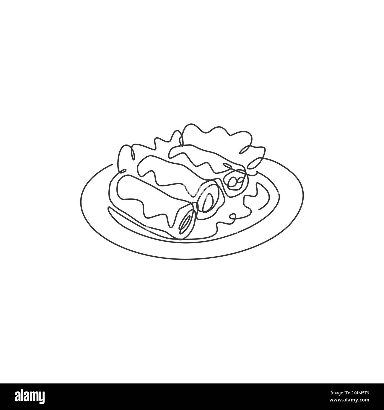 Un dessin en ligne continue de l'emblème du restaurant Fresh Delicious Chinese Spring roll. Concept de modèle de logotype de magasin de café alimentaire asiatique. Chant moderne Illustration de Vecteur