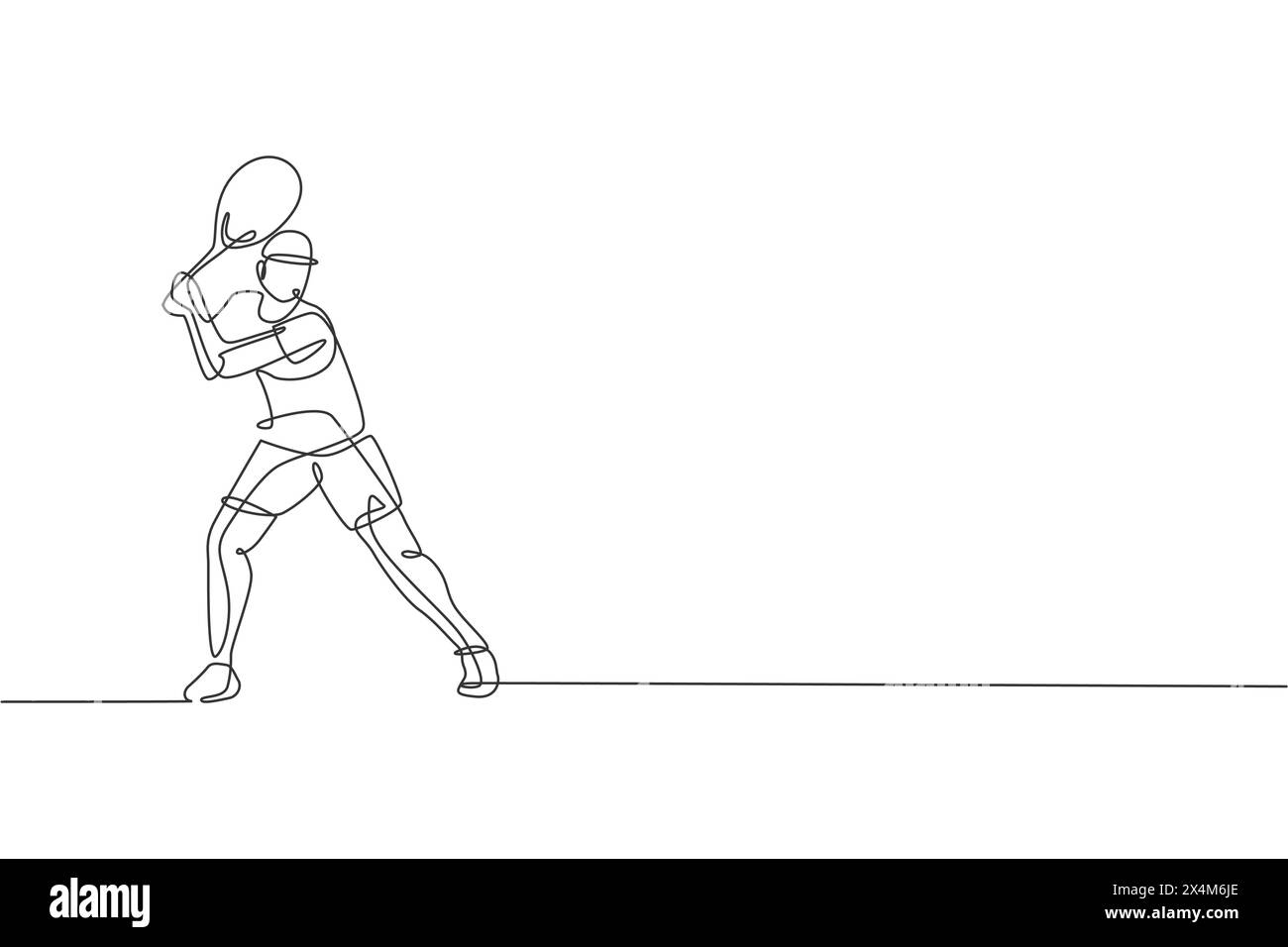 Un dessin de ligne continue de jeune joueur de tennis heureux se concentre pour frapper la balle. Concept de sport compétitif. Conception dynamique de dessin à ligne unique vecto Illustration de Vecteur