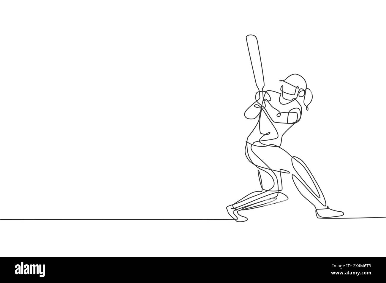 Un dessin en ligne continue de la jeune femme joueur de cricket pratique de concentration à l'illustration vectorielle de batte de cricket swing. Concept de sport compétitif. Dynamique Illustration de Vecteur