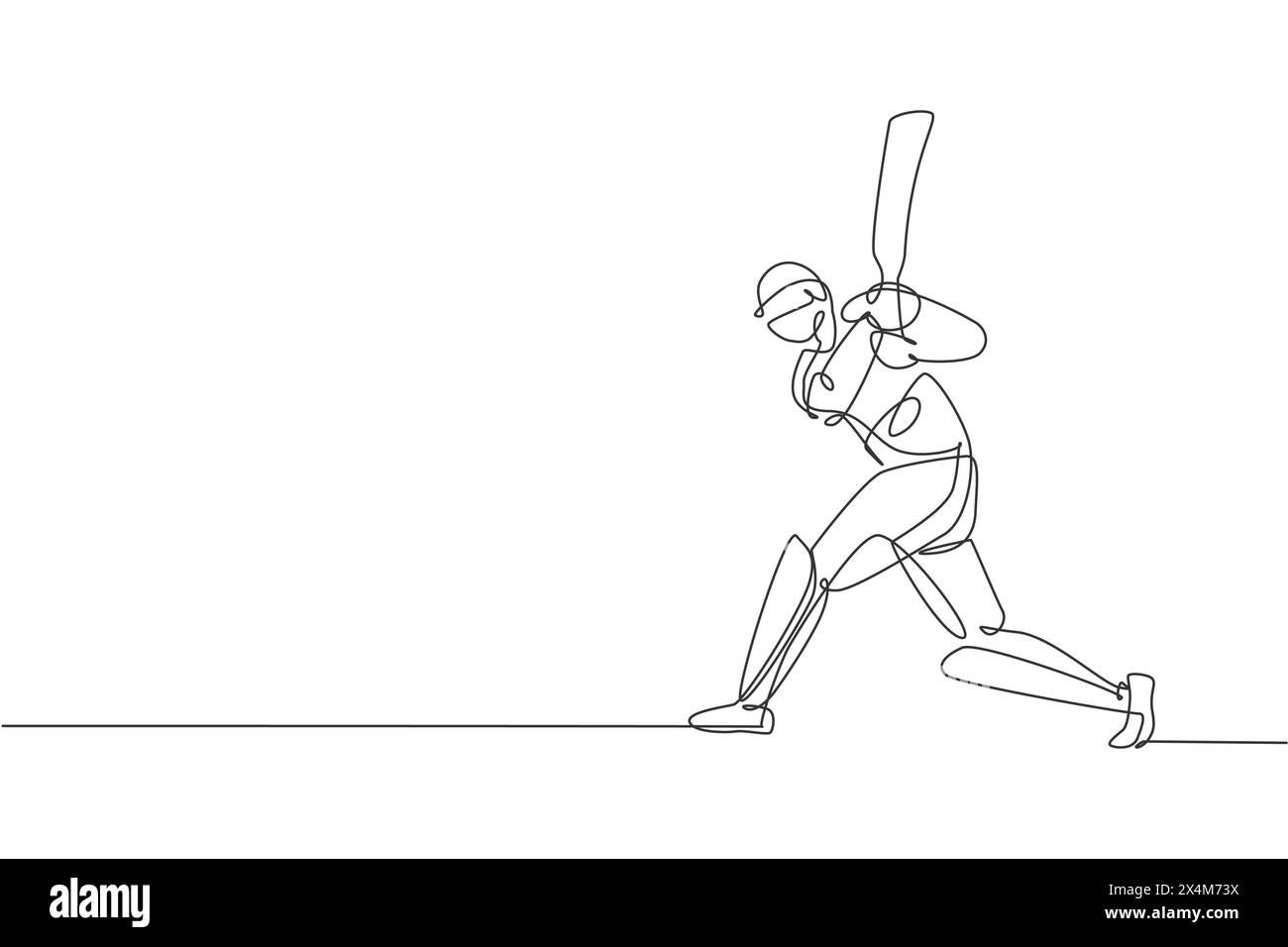 Un dessin simple ligne de jeune joueur de cricket homme énergique debout et frappant l'illustration vectorielle de balle. Concept de foire sportive. Continu moderne Illustration de Vecteur