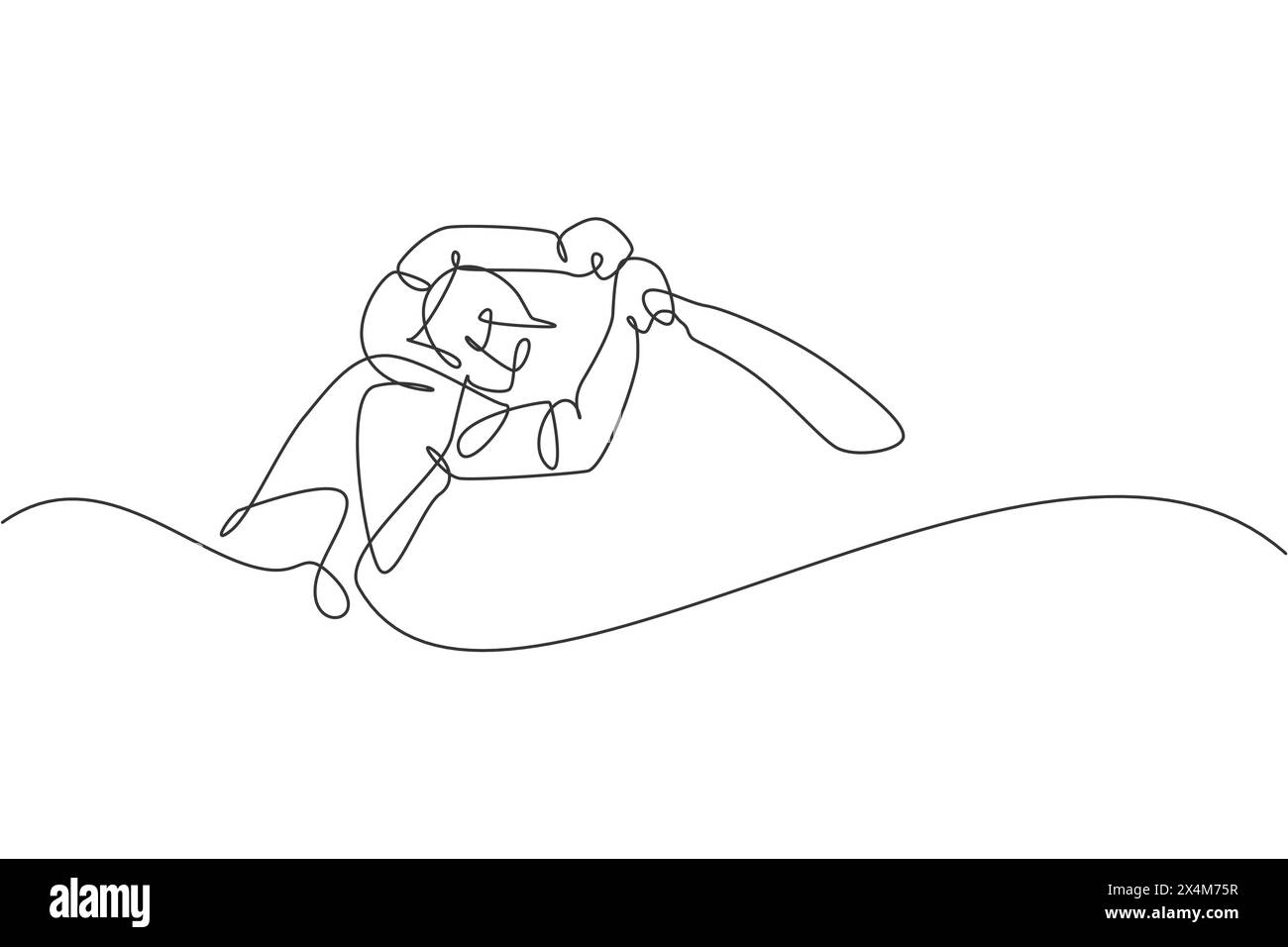 Un dessin d'une seule ligne de jeune homme énergique position de joueur de cricket pour frapper l'illustration vectorielle de balle. Concept de sport compétitif. Continu moderne Illustration de Vecteur