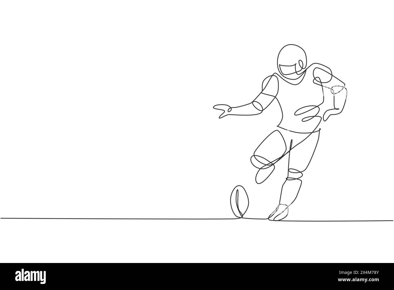 Un dessin en ligne continue d'un jeune joueur de football américain sportif frappant le ballon fort dans l'arène pour l'affiche de la compétition. Concept de travail d'équipe sportif. Dy Illustration de Vecteur