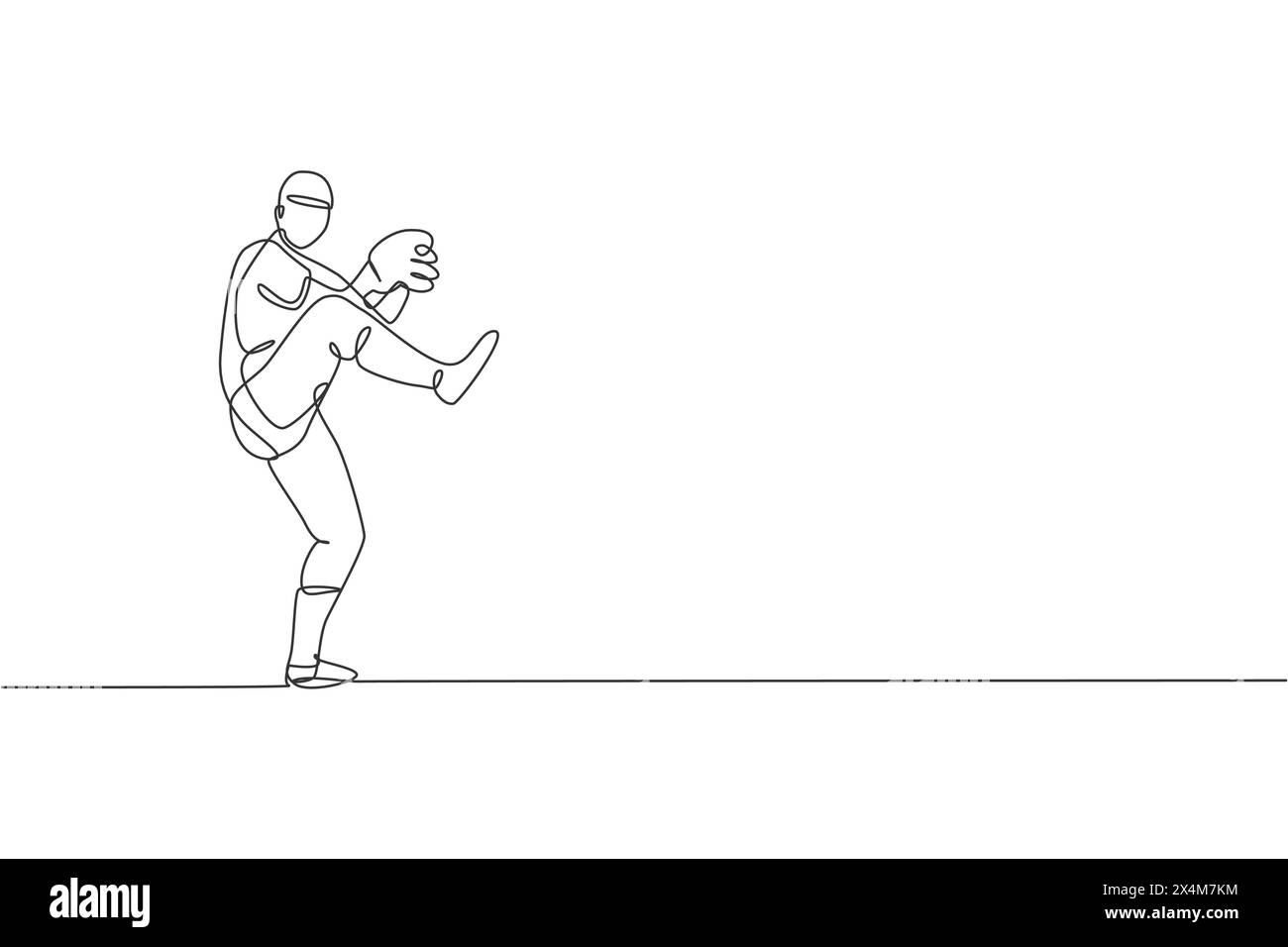 Un dessin simple ligne de jeune homme énergique joueur de baseball pratique pour lancer l'illustration vectorielle de balle. Concept d'entraînement sportif. Continuo moderne Illustration de Vecteur