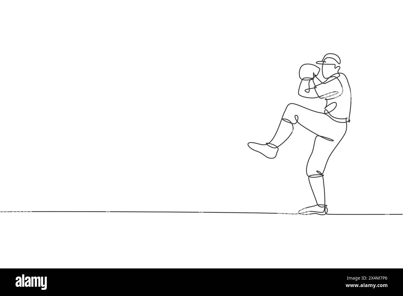 Ligne continue unique dessinant jeune homme agile lanceur de baseball pratique pour lancer la balle. Concept d'exercice sportif. Vecteur de conception de dessin d'une ligne à la mode Illustration de Vecteur