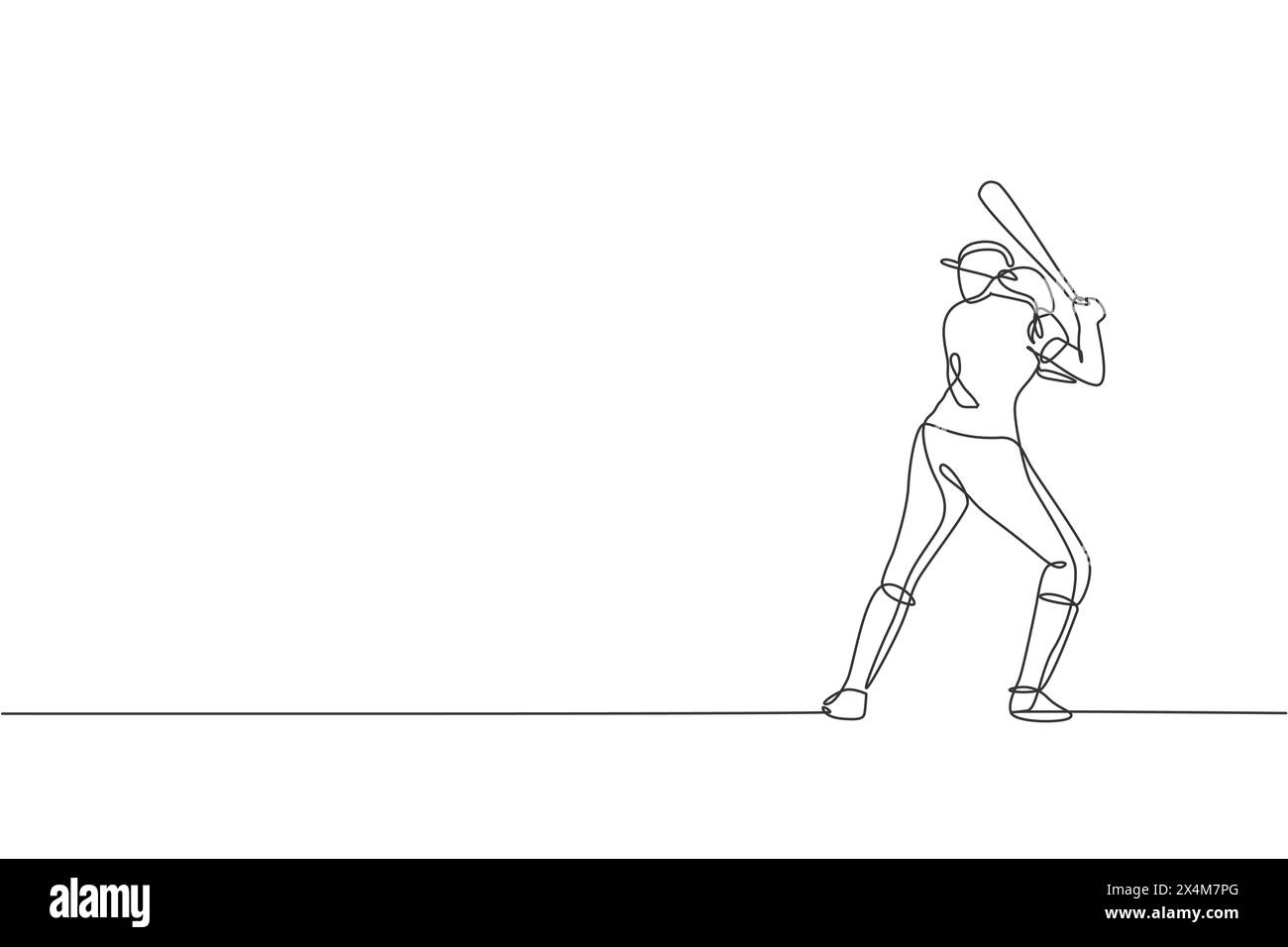 Un dessin en ligne continue de jeune femme sportive jouant au baseball pratique pour frapper la balle sur le terrain. Concept de sport compétitif. dr. Illustration de Vecteur