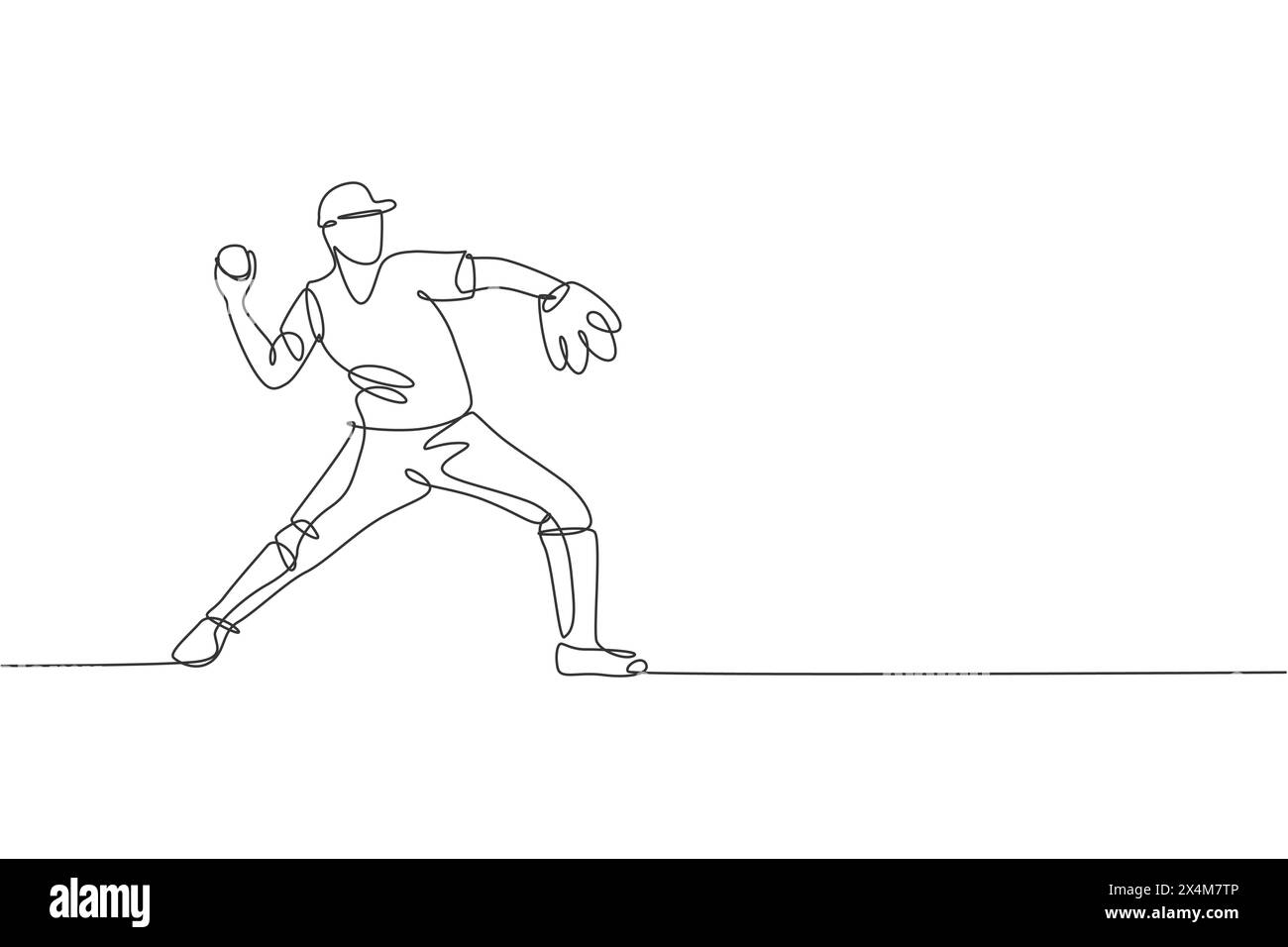 Un dessin simple ligne de jeune homme énergique joueur de baseball pratique pour lancer l'illustration vectorielle de balle. Concept d'entraînement sportif. Continuo moderne Illustration de Vecteur