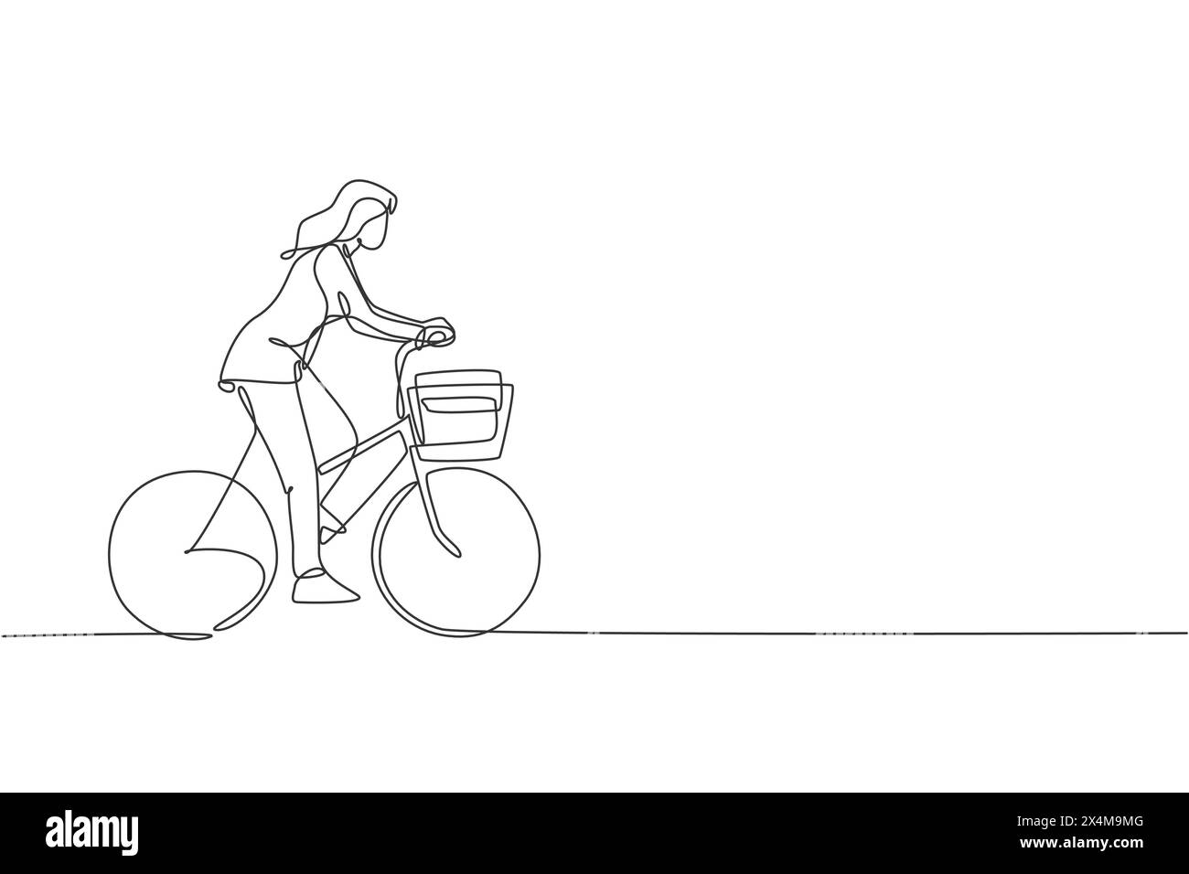 Une seule ligne dessinant la jeune femme employée de démarrage heureuse rouler à vélo à l'espace de coworking illustration vectorielle graphique. Banlieue urbaine en bonne santé Lif Illustration de Vecteur