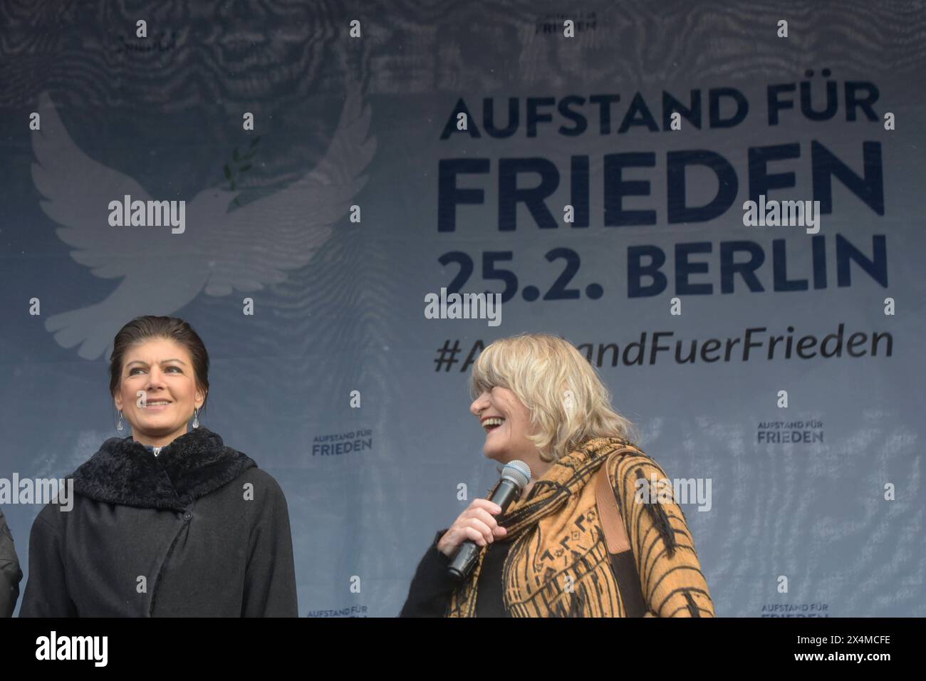 Sahra Wagenknecht Die Linke tritt zusammen mit Alice Schwarzer BEI der Kundgebung : Aufstand für den Frieden am Brandenburger Tor auf. Die Forderung lautet : Keine Waffen in die Ukraine zu liefern und den Krieg mit Russland durch Verhandlungen zu beenden. *** Sahra Wagenknecht Die Linke apparaît avec Alice Schwarzer au rassemblement de soulèvement pour la paix à la porte de Brandebourg la demande est de ne pas fournir d'armes à l'Ukraine et de mettre fin à la guerre avec la Russie par des négociations Banque D'Images