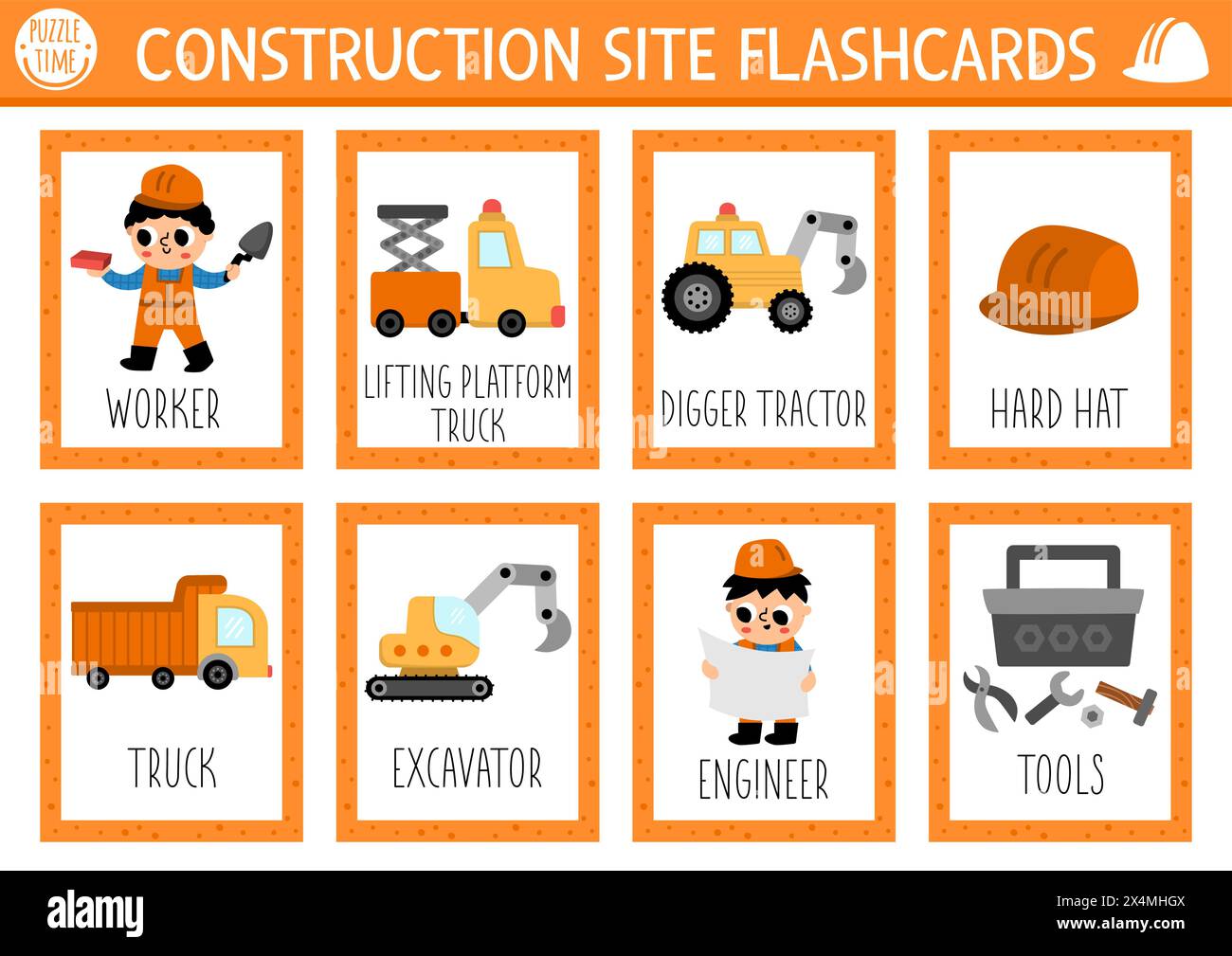 Cartes flash de chantier de construction vectorielles avec camions, ouvriers, outils, casque dur. Jeu de langue anglaise avec transport industriel pour les enfants. Véhicules fla Illustration de Vecteur