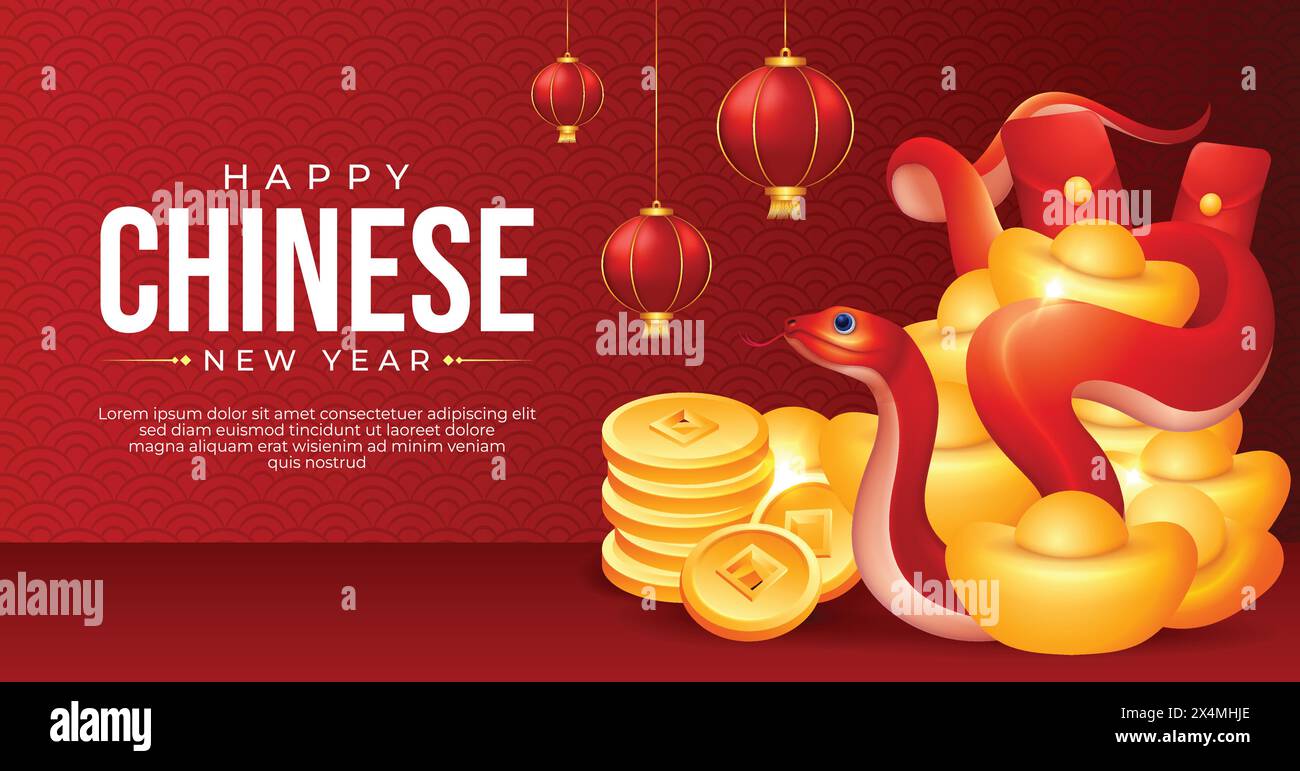 Design de bannière du nouvel an chinois 2025 avec serpent rouge, pièces d'or et lingots Illustration de Vecteur