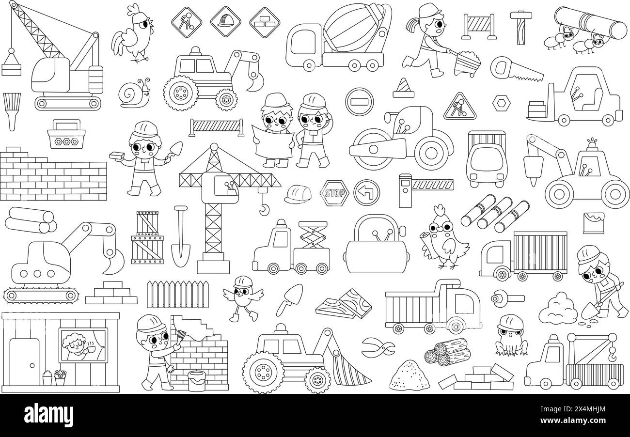 Chantier de construction de vecteur noir et blanc et ensemble de travaux routiers. Collection d'icônes de ligne de construction avec des constructeurs d'enfants drôles, transport, bulldozer, tracteur, tru Illustration de Vecteur