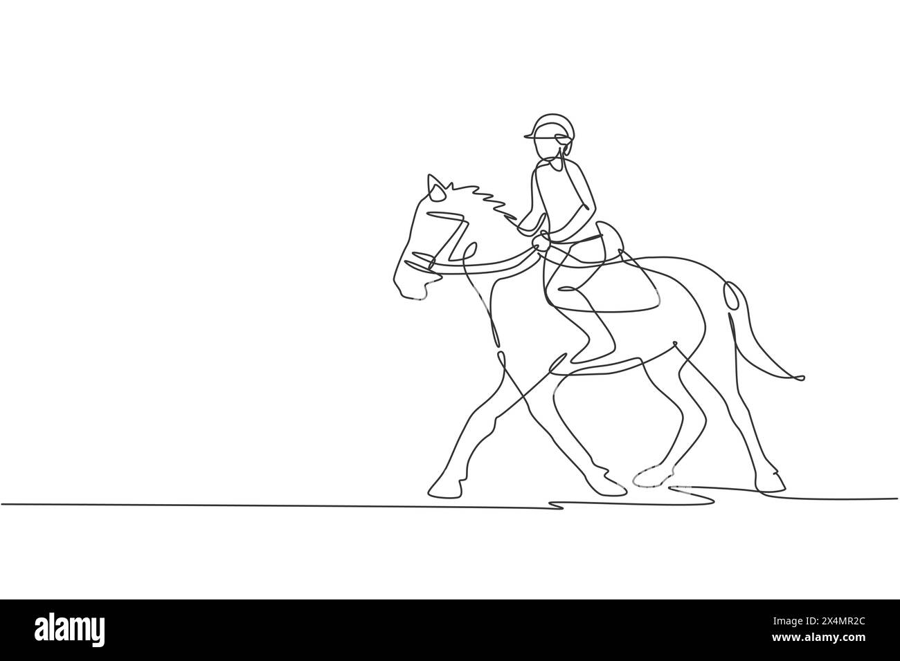 Un dessin en ligne continue de jeune cavalier homme en action. Entraînement équin sur piste de course. Concept de compétition sportive équestre. Unique dynamique Illustration de Vecteur