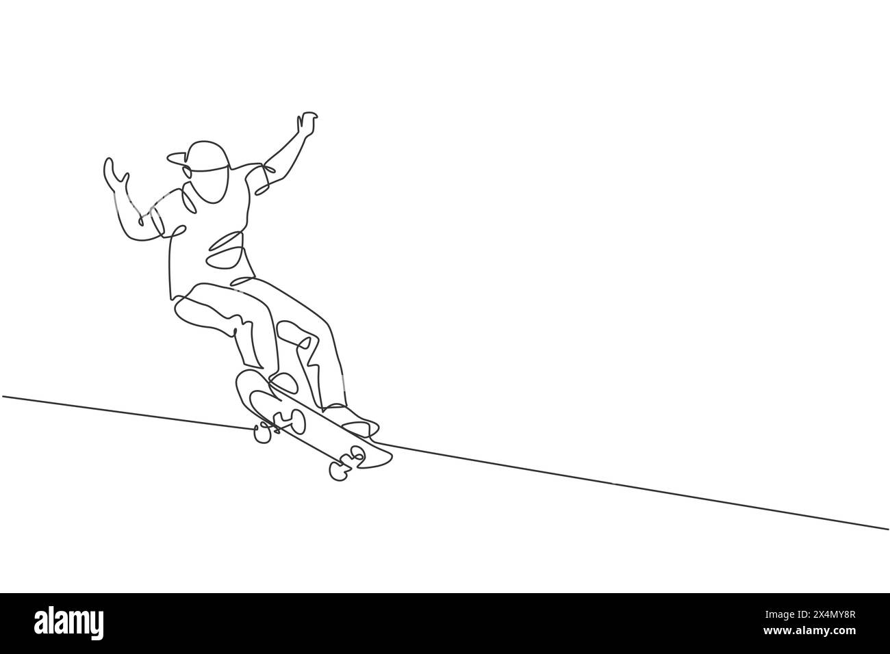 Dessin en ligne continue unique d'un jeune homme de skateboarder cool chevauchant le patin et effectuant un tour de saut dans le skate Park. Pratique du concept de sport de plein air. Illustration de Vecteur