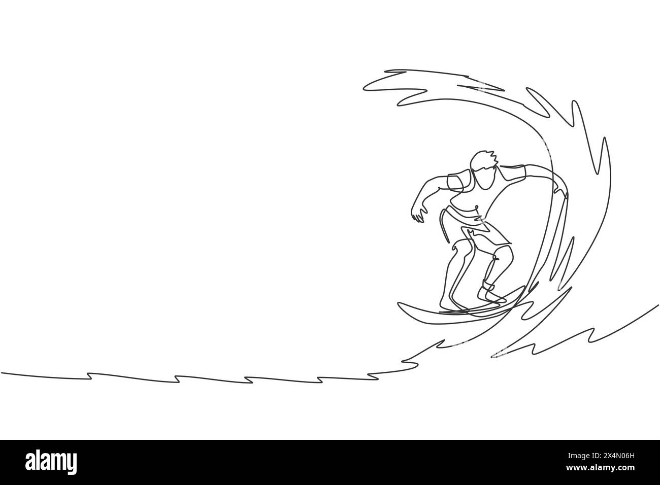 Ligne continue unique dessinant jeune surfeur professionnel en action chevauchant les vagues sur l'océan bleu. Concept de sports nautiques extrêmes. Vacances d'été. Tendance Illustration de Vecteur