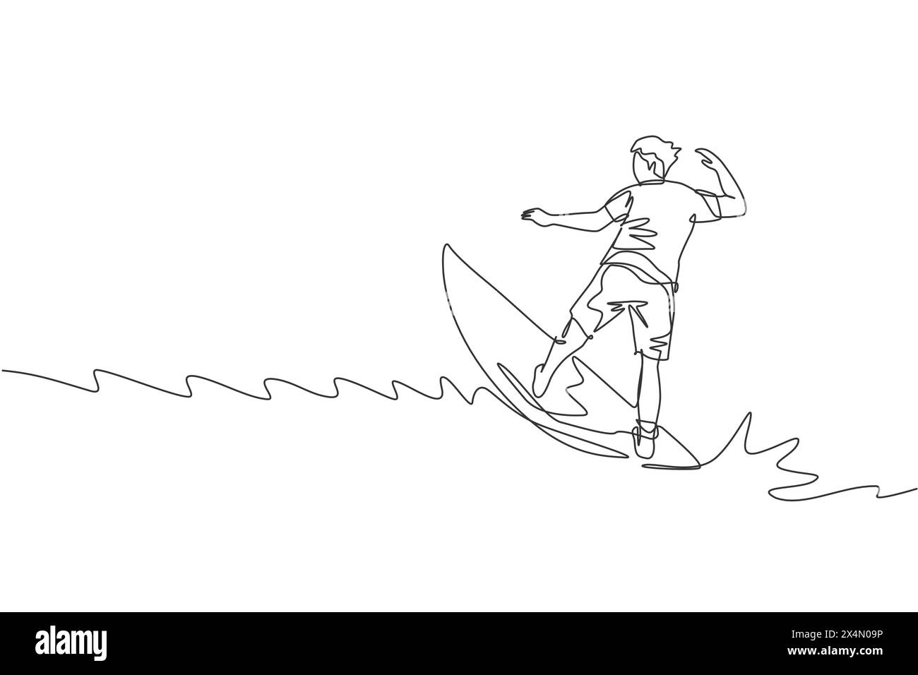 Un dessin simple ligne de jeune homme surfeur sportif chevauchant sur de grandes vagues dans l'illustration graphique vectorielle de surf de plage paradisiaque. Vie de sports nautiques extrêmes Illustration de Vecteur