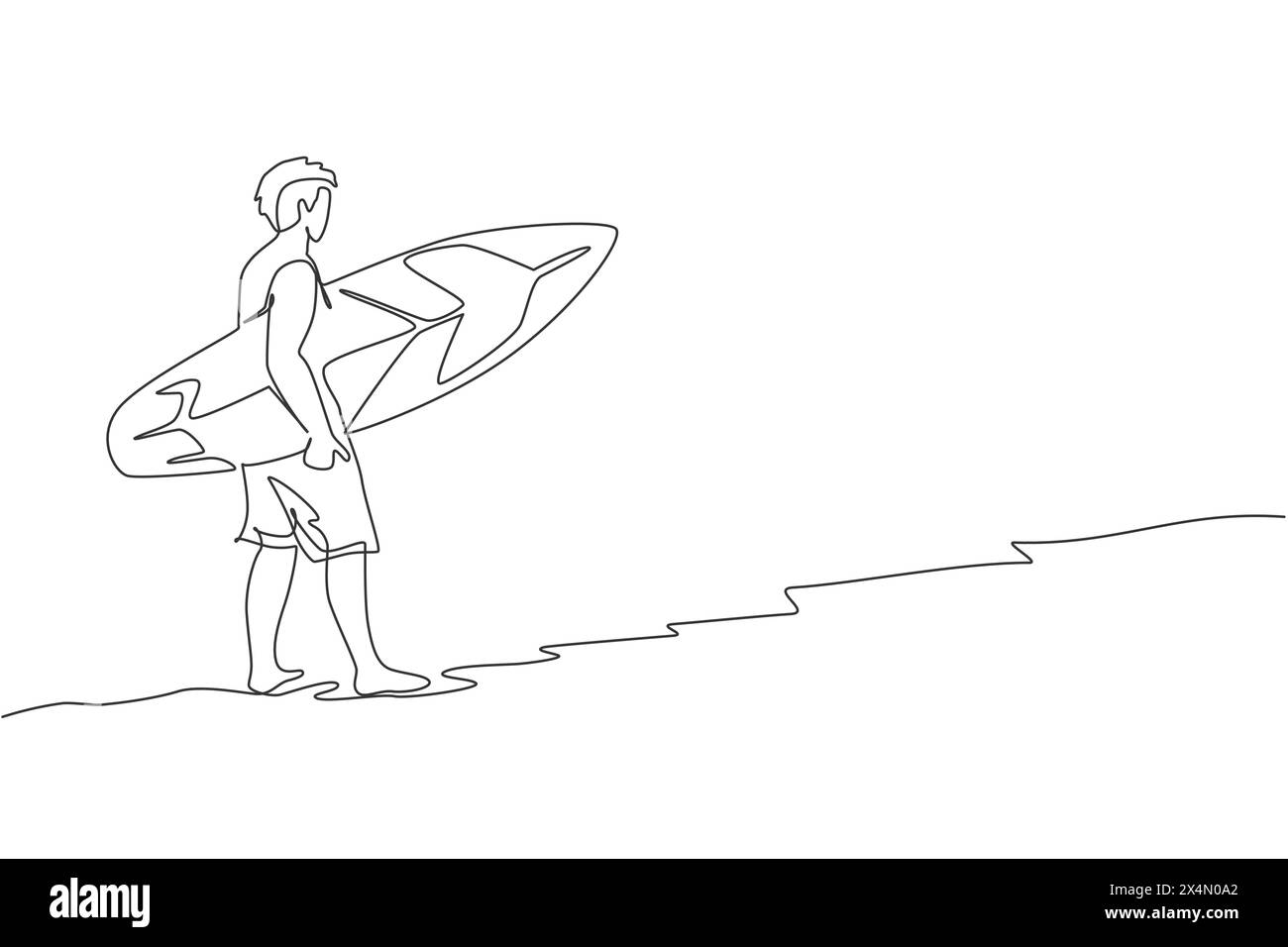 Un dessin en ligne continue de jeune surfeur touristique heureux marchant sur la plage de sable et transportant une planche de surf. Concept de sports nautiques extrêmes. Vacances d'été. D Illustration de Vecteur