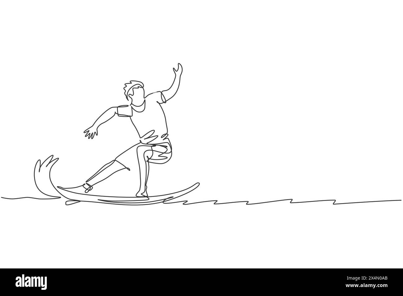 Ligne continue unique dessinant jeune surfeur professionnel en action chevauchant les vagues sur l'océan bleu. Concept de sports nautiques extrêmes. Vacances d'été. Tendance Illustration de Vecteur