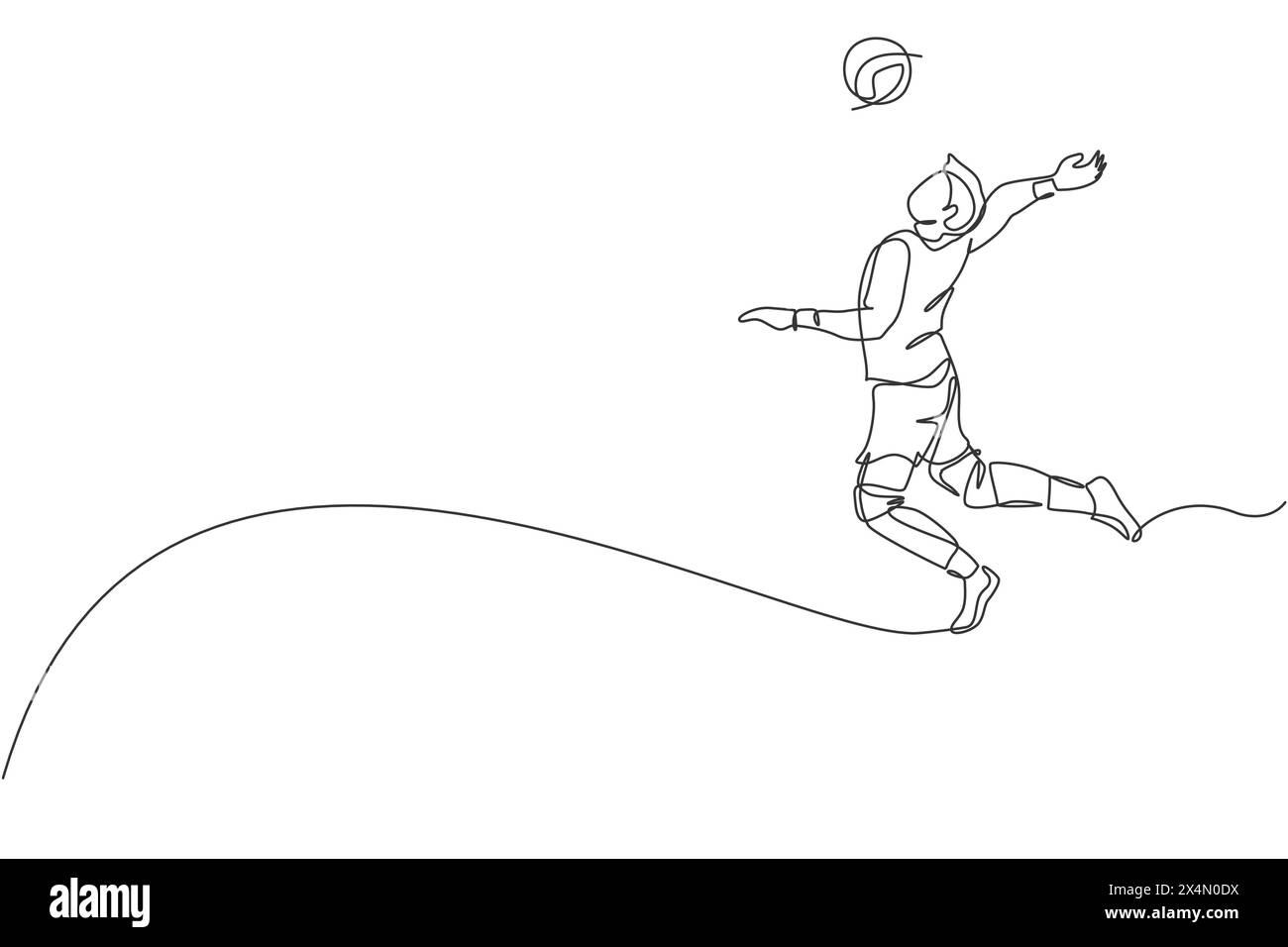 Un dessin simple ligne de jeune joueur professionnel masculin de volley-ball exerçant une pointe de saut sur l'illustration vectorielle du terrain. Concept de sport d'équipe. Tourna Illustration de Vecteur