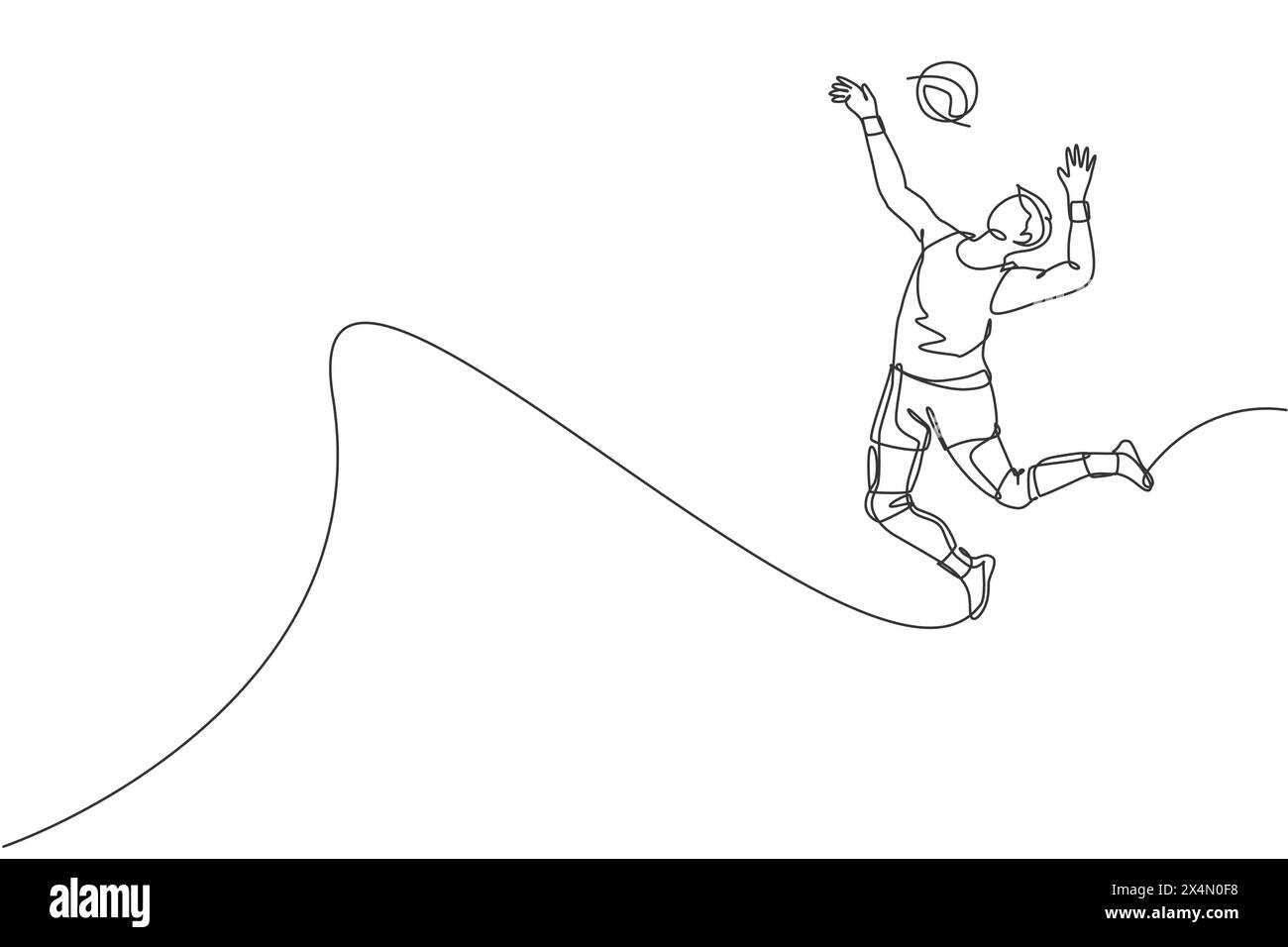 Dessin en ligne continue unique d'un jeune athlète masculin de volley-ball dans l'action saut à la pointe sur le court. Concept de sport d'équipe. Jeu de compétition. Tendance Illustration de Vecteur