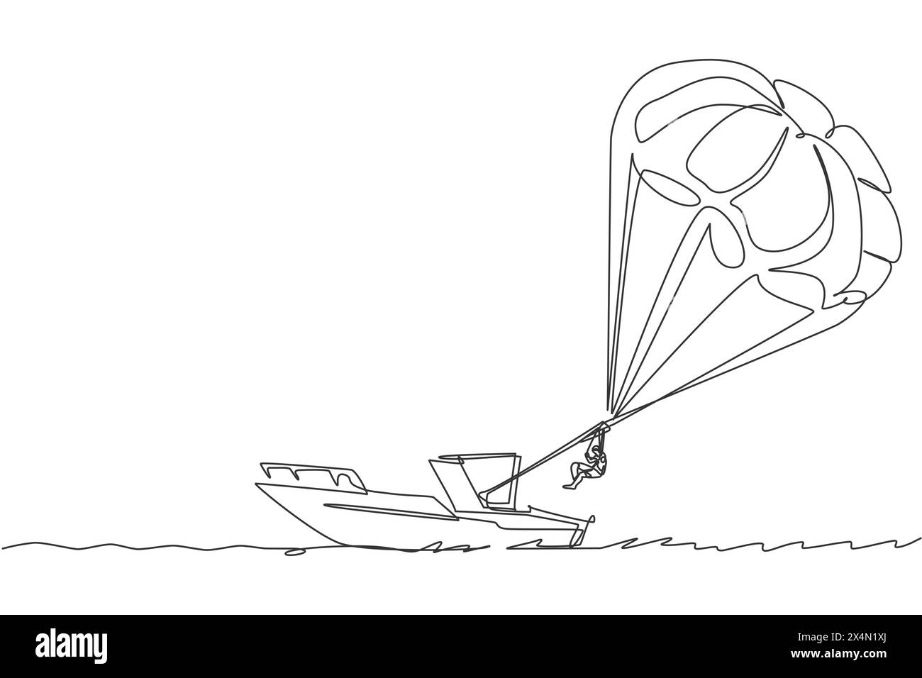 Ligne continue unique dessinant jeune touriste volant avec parachute ascensionnel sur le ciel tiré par un bateau. Concept de sport de vacances extrêmes Illustration de Vecteur
