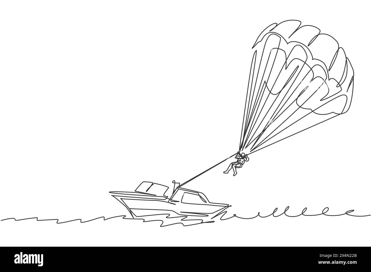 Un dessin simple ligne de jeune homme sportif volant avec parachute ascensionnel sur le ciel tiré par une illustration graphique vectorielle de bateau. Sport extrême c Illustration de Vecteur